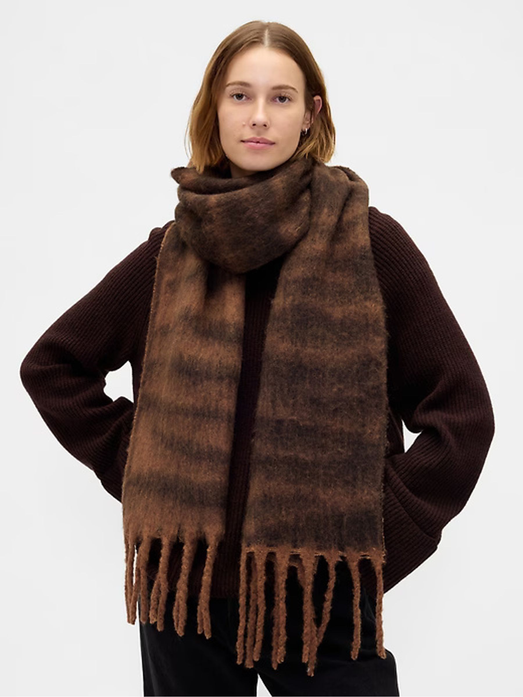 Brown Tiger Print Brushed Fringe Scarf with Wool - Image 2 of 5
