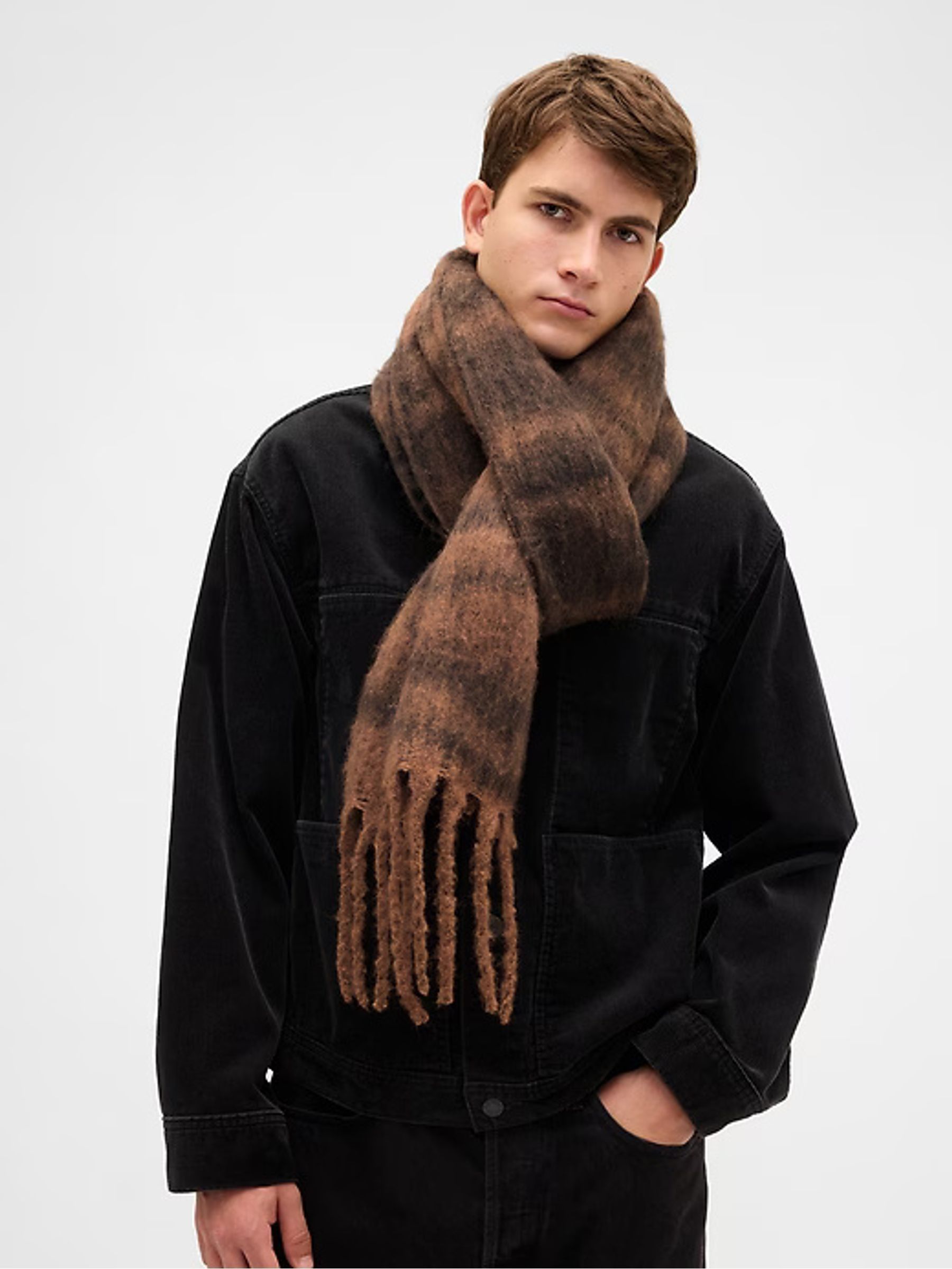 Brown Tiger Print Brushed Fringe Scarf with Wool - Image 3 of 5