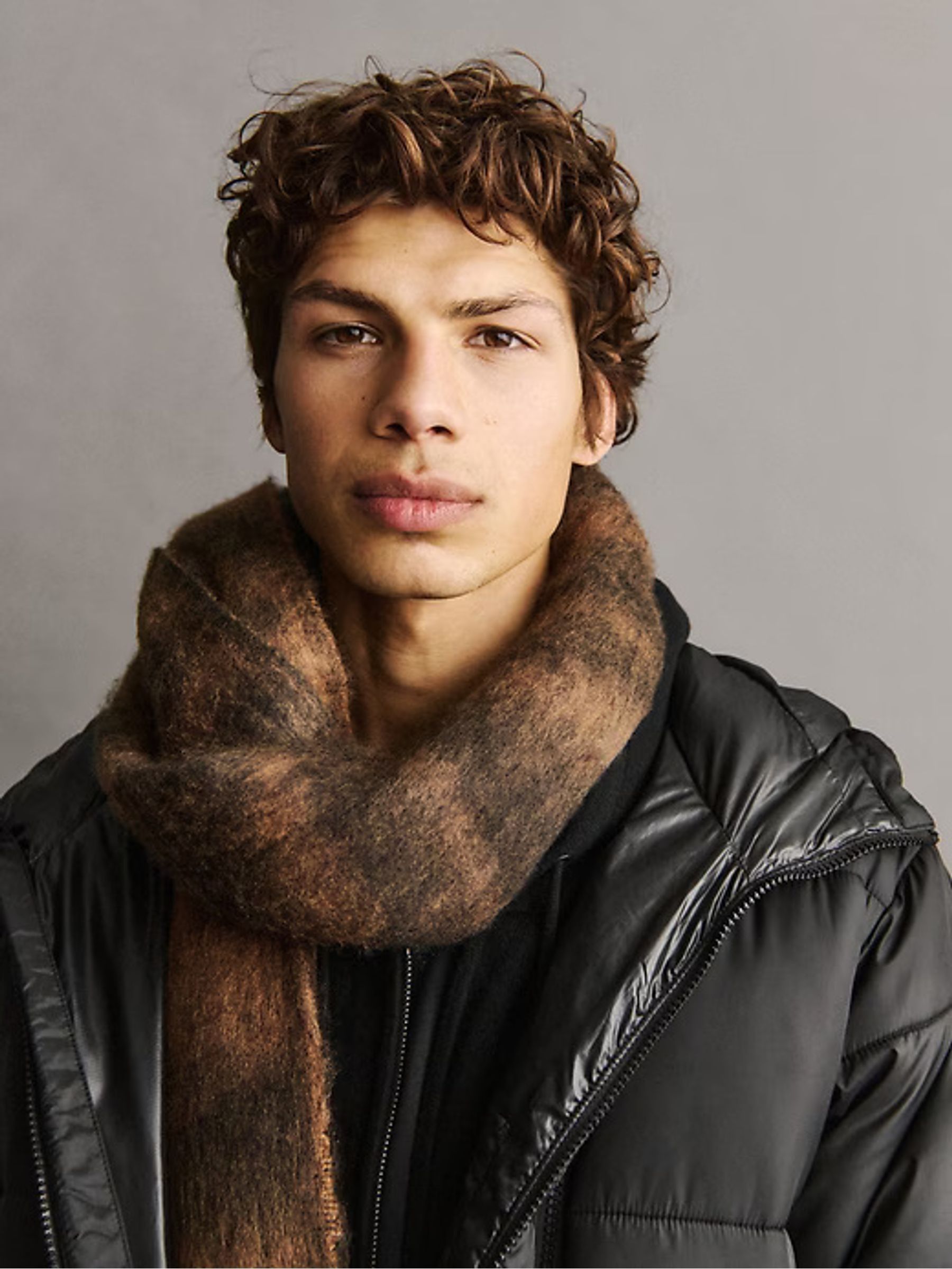 Brown Tiger Print Brushed Fringe Scarf with Wool - Image 4 of 5