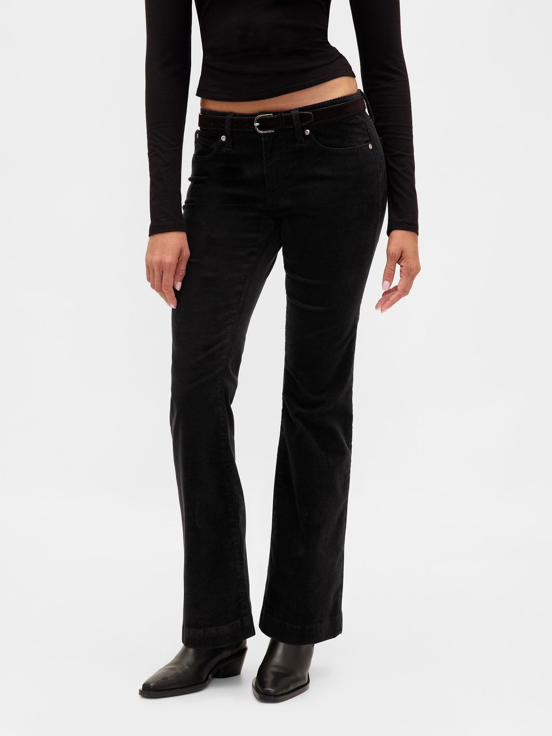 Black Low Rise Corduroy Long and Lean Trousers - Image 1 of 6 Black Low Rise Corduroy Long and Lean Trousers - Image 1 of 6