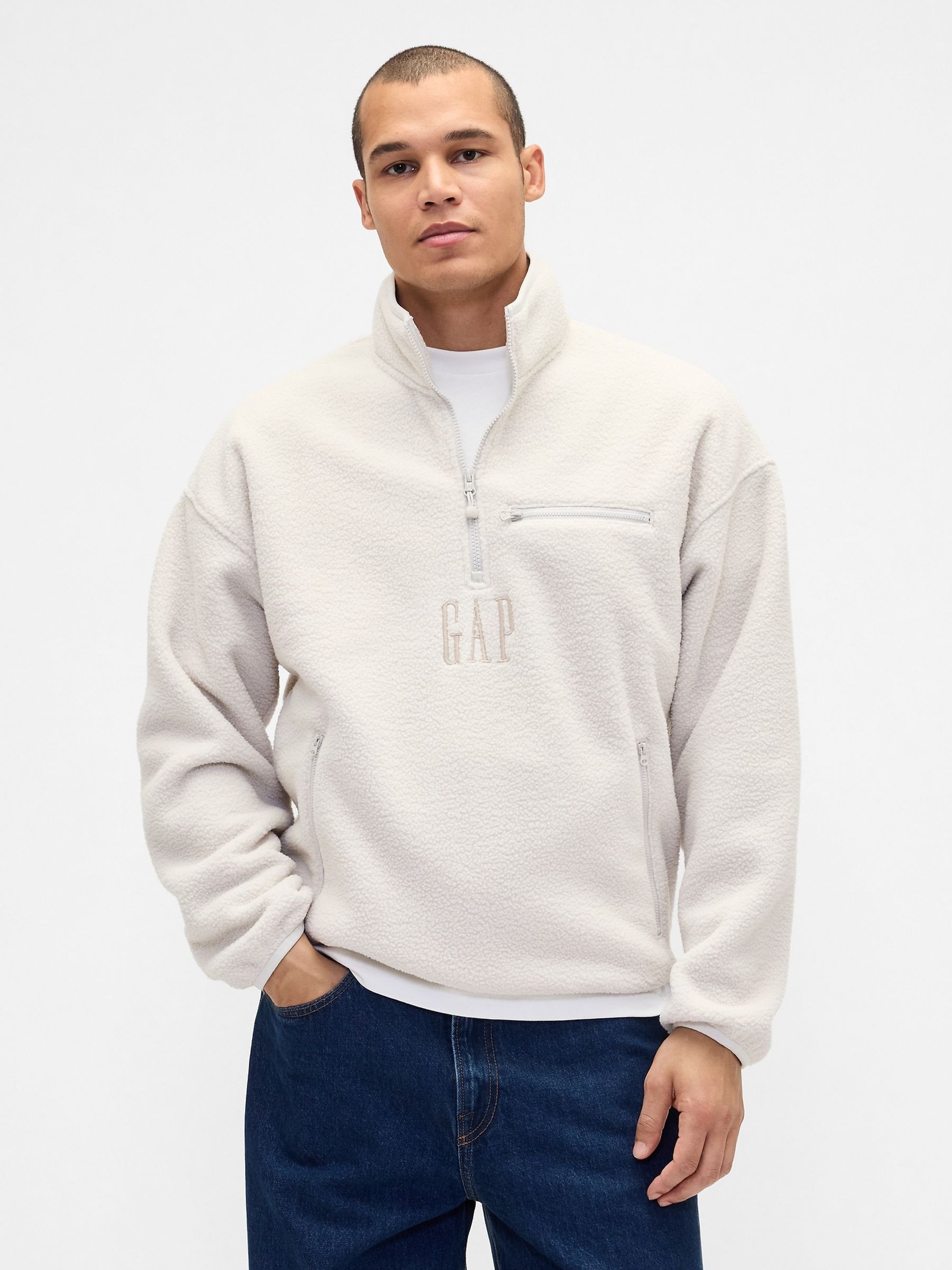 Cream Oversized Sherpa Half Zip Logo Pullover Sweatshirt - Image 1 of 4 Cream Oversized Sherpa Half Zip Logo Pullover Sweatshirt - Image 1 of 4