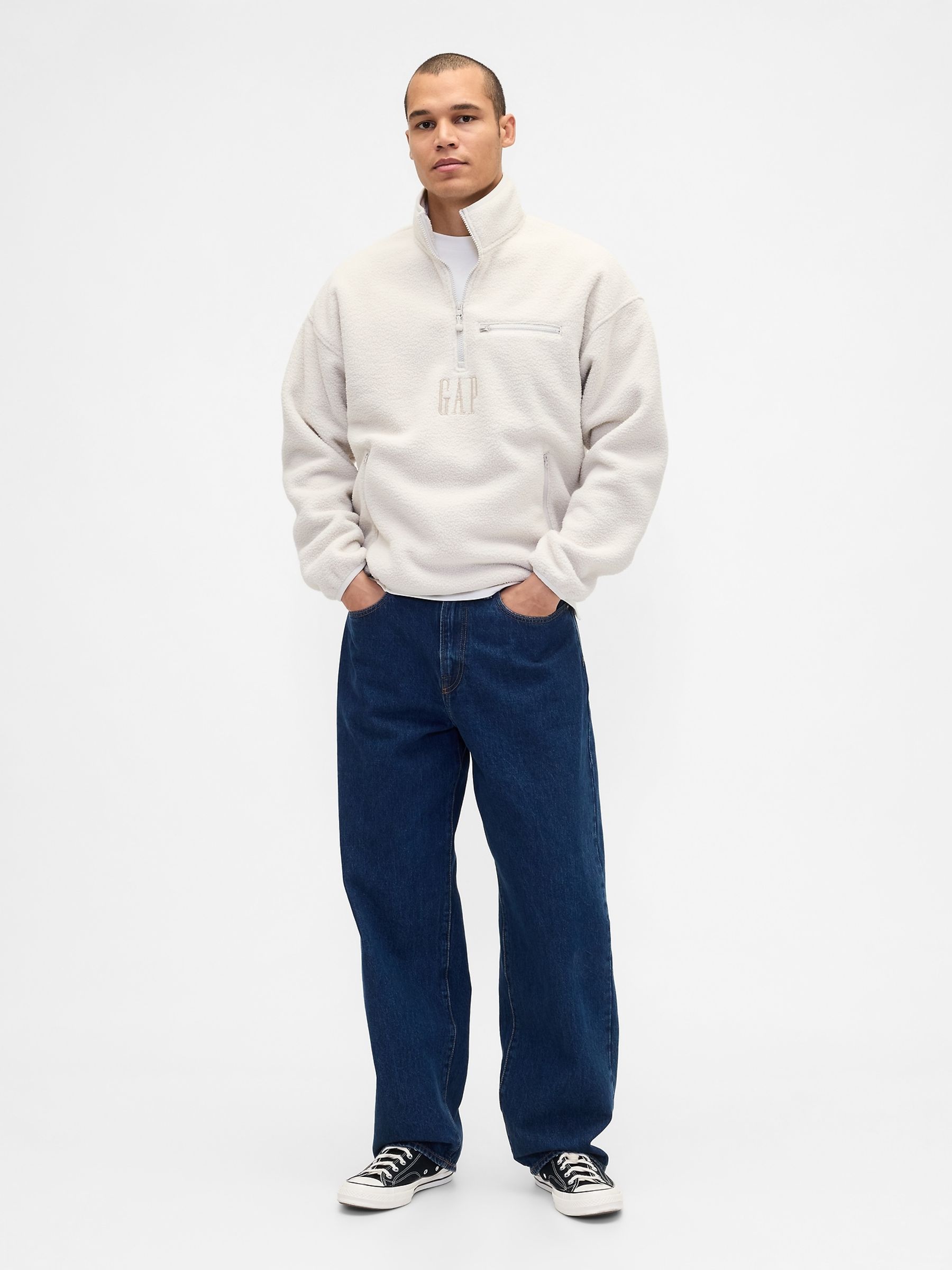 Cream Oversized Sherpa Half Zip Logo Pullover Sweatshirt - Image 3 of 4