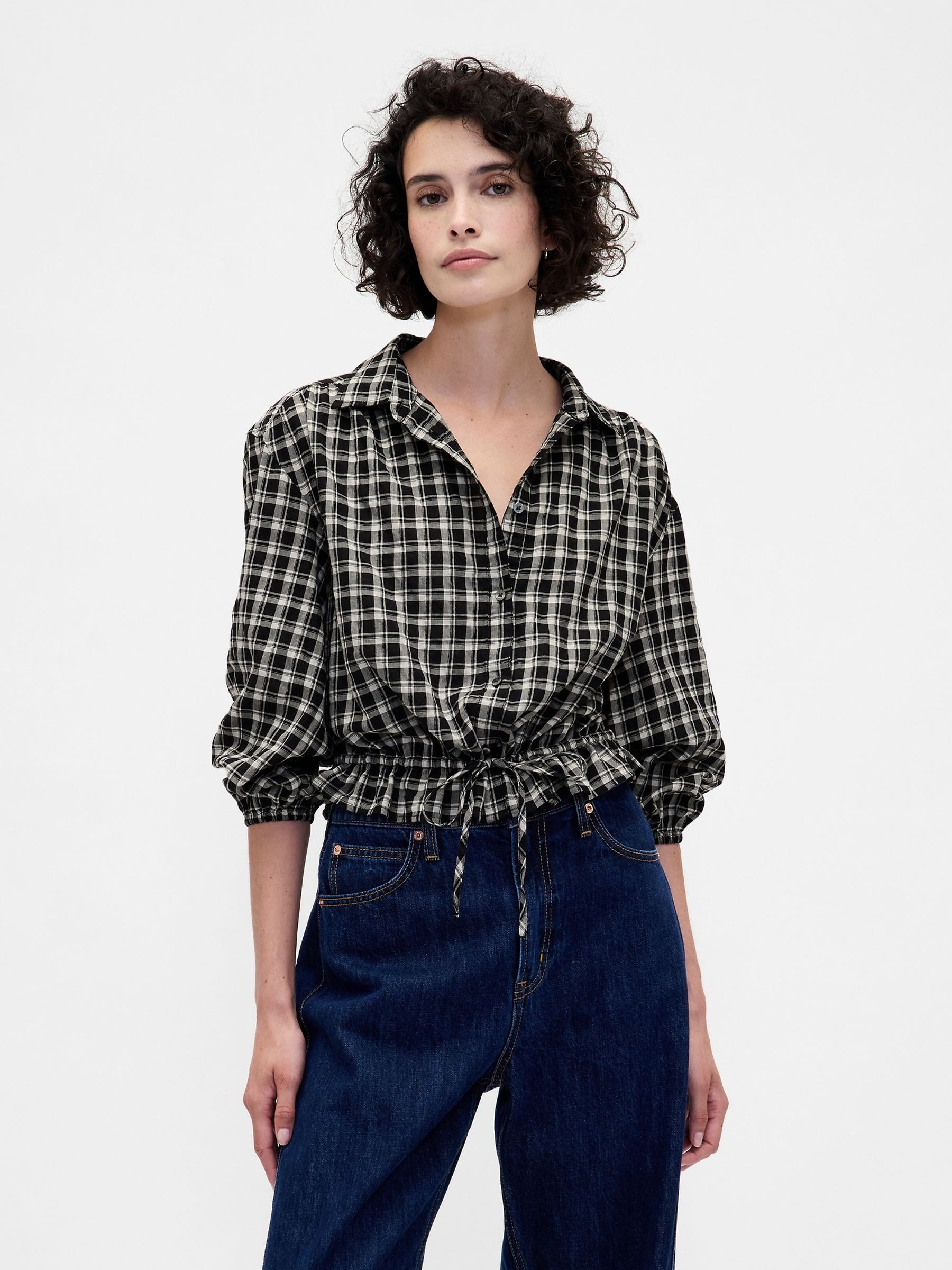 Black Flannel Elasticated Waist Top - Image 1 of 3 Black Flannel Elasticated Waist Top - Image 1 of 3