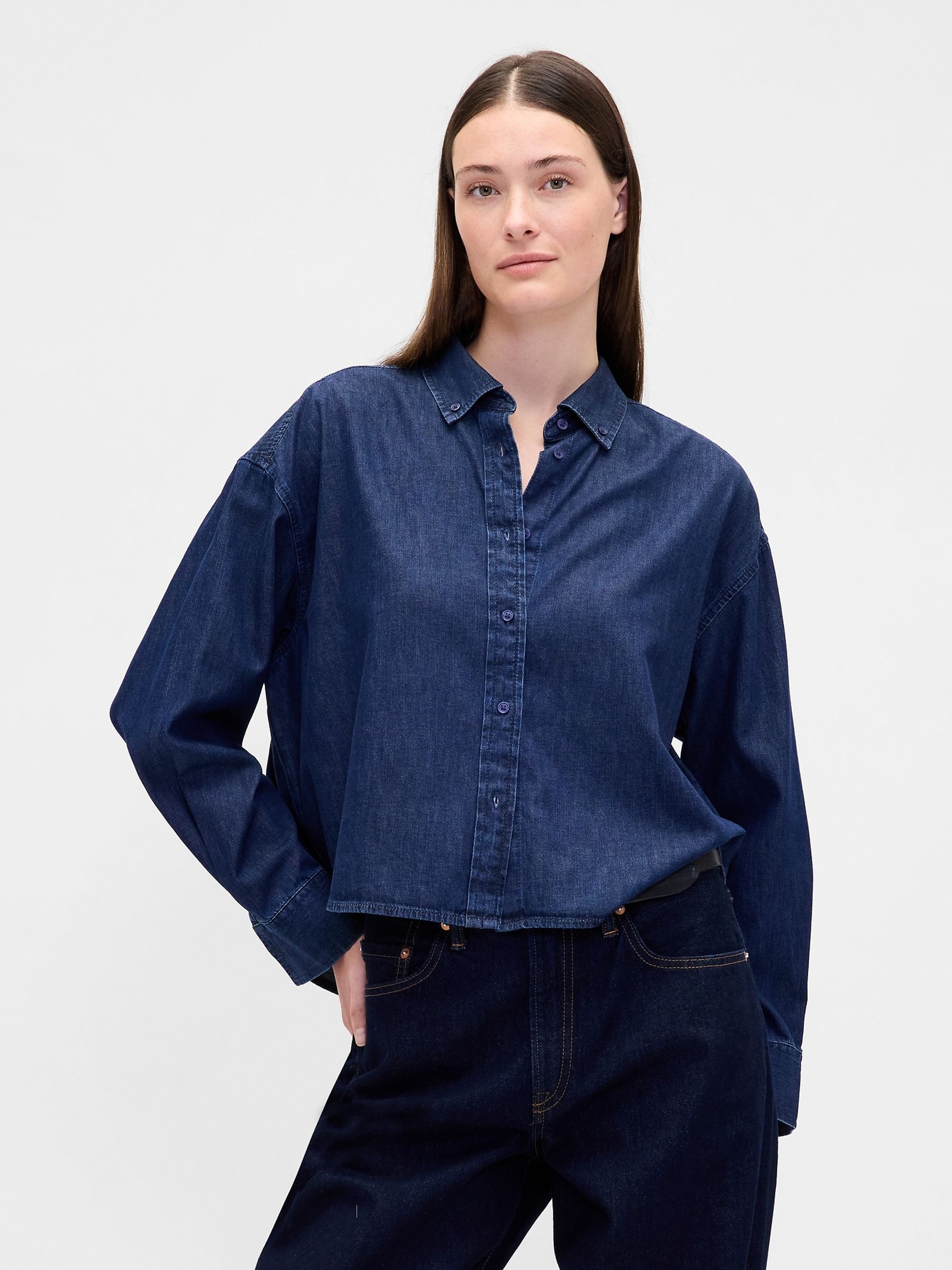 Blue UltraSoft Denim Straight-Hem Crop Shirt - Image 1 of 4