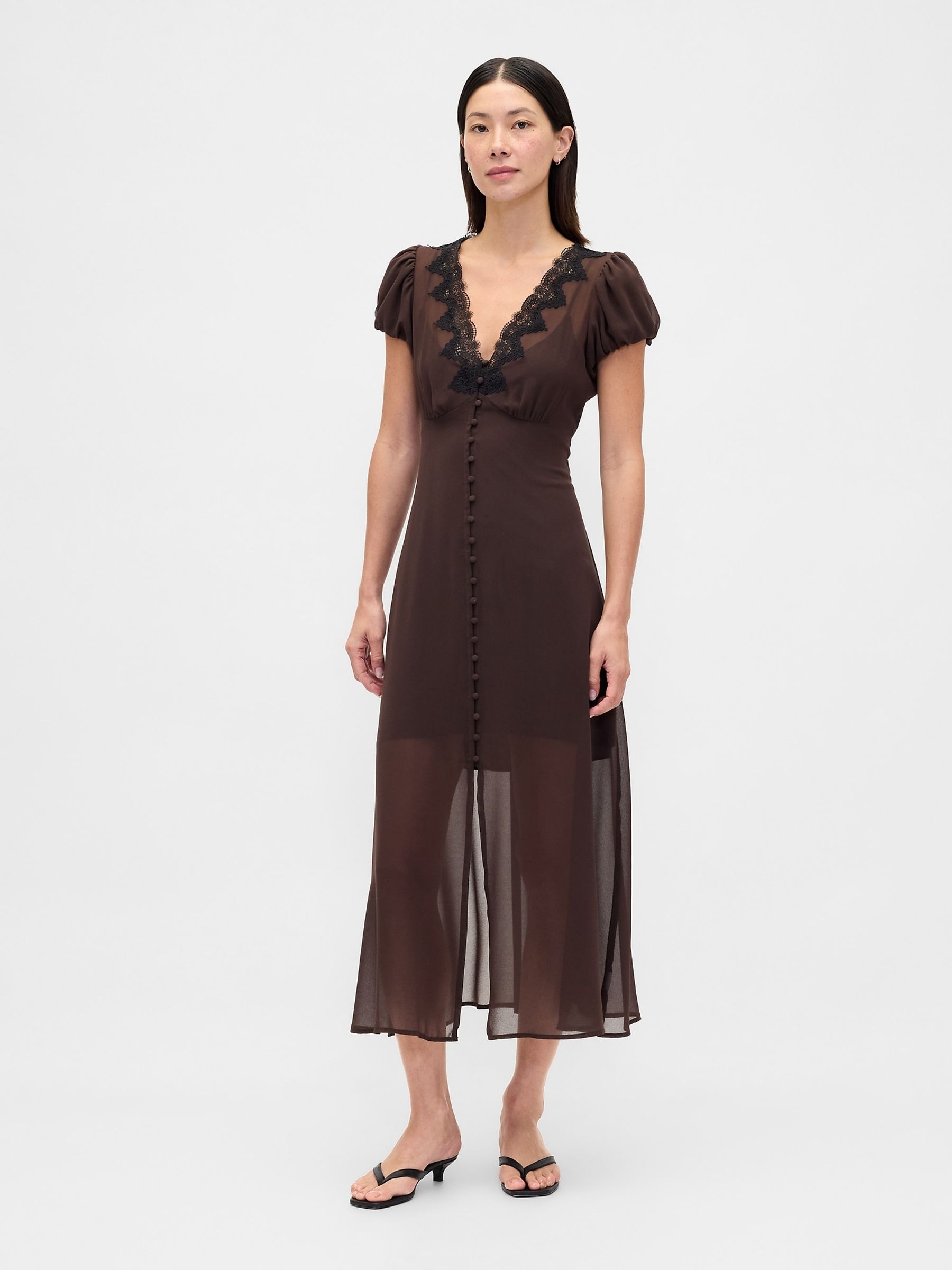 Brown Lace-Trim V Neck Maxi Dress | Gap