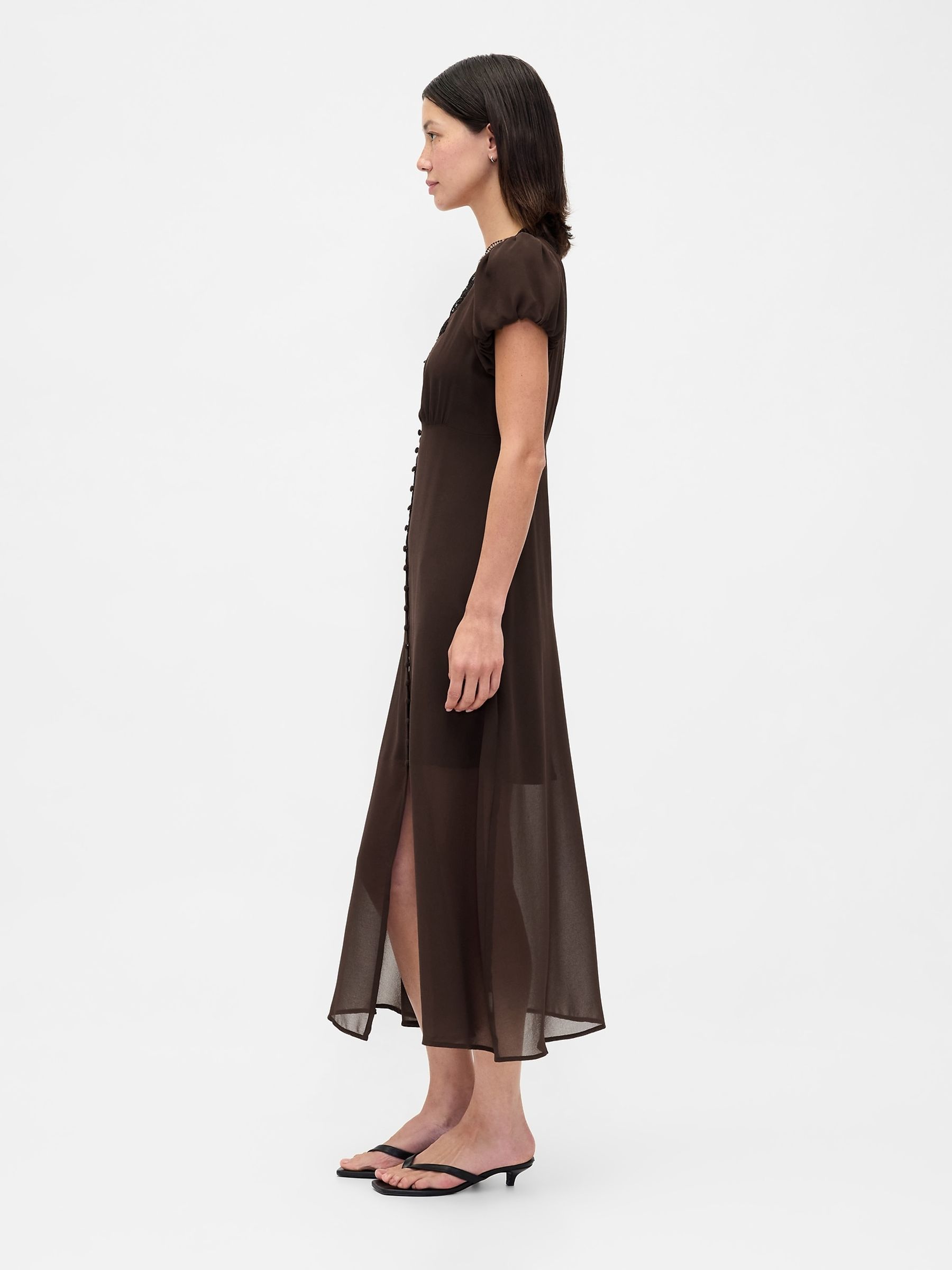 Brown Lace-Trim V Neck Maxi Dress - Image 3 of 4