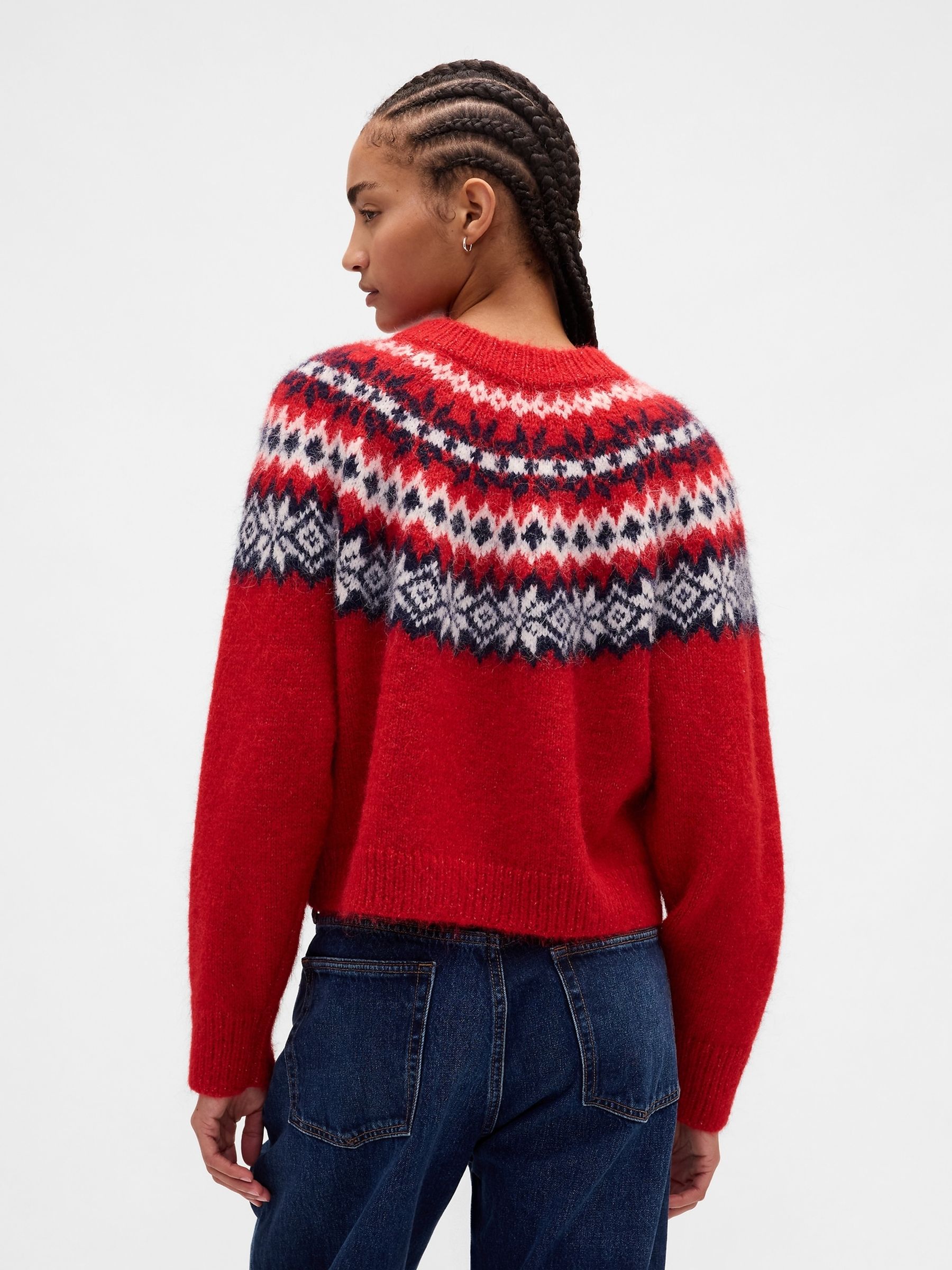 Red Fuzzy Fairisle Pattern Cardigan - Image 2 of 8 Red Fuzzy Fairisle Pattern Cardigan - Image 2 of 8