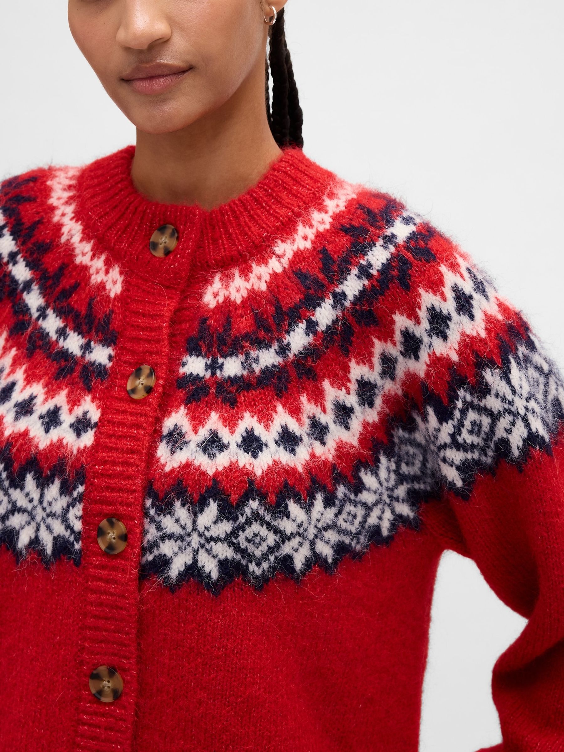Red Fuzzy Fairisle Pattern Cardigan - Image 3 of 8