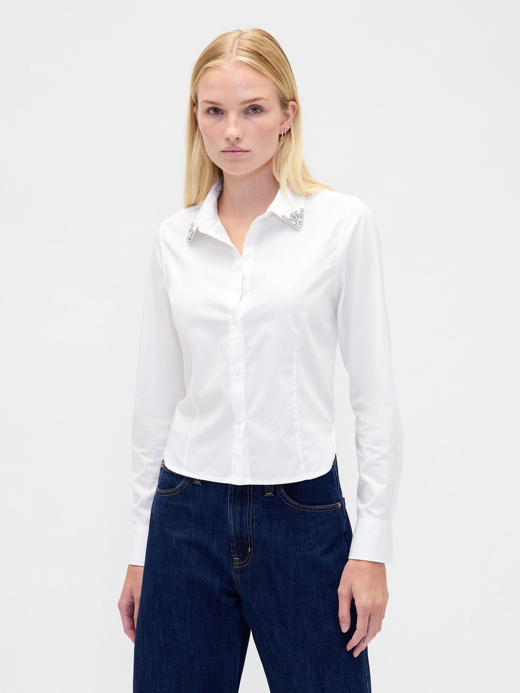 White Long Sleeve Fitted Crop Shirt - Image 1 of 4