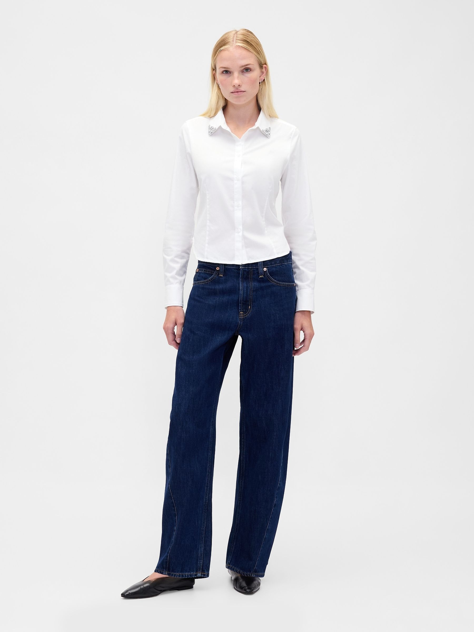 White Long Sleeve Fitted Crop Shirt - Image 3 of 4