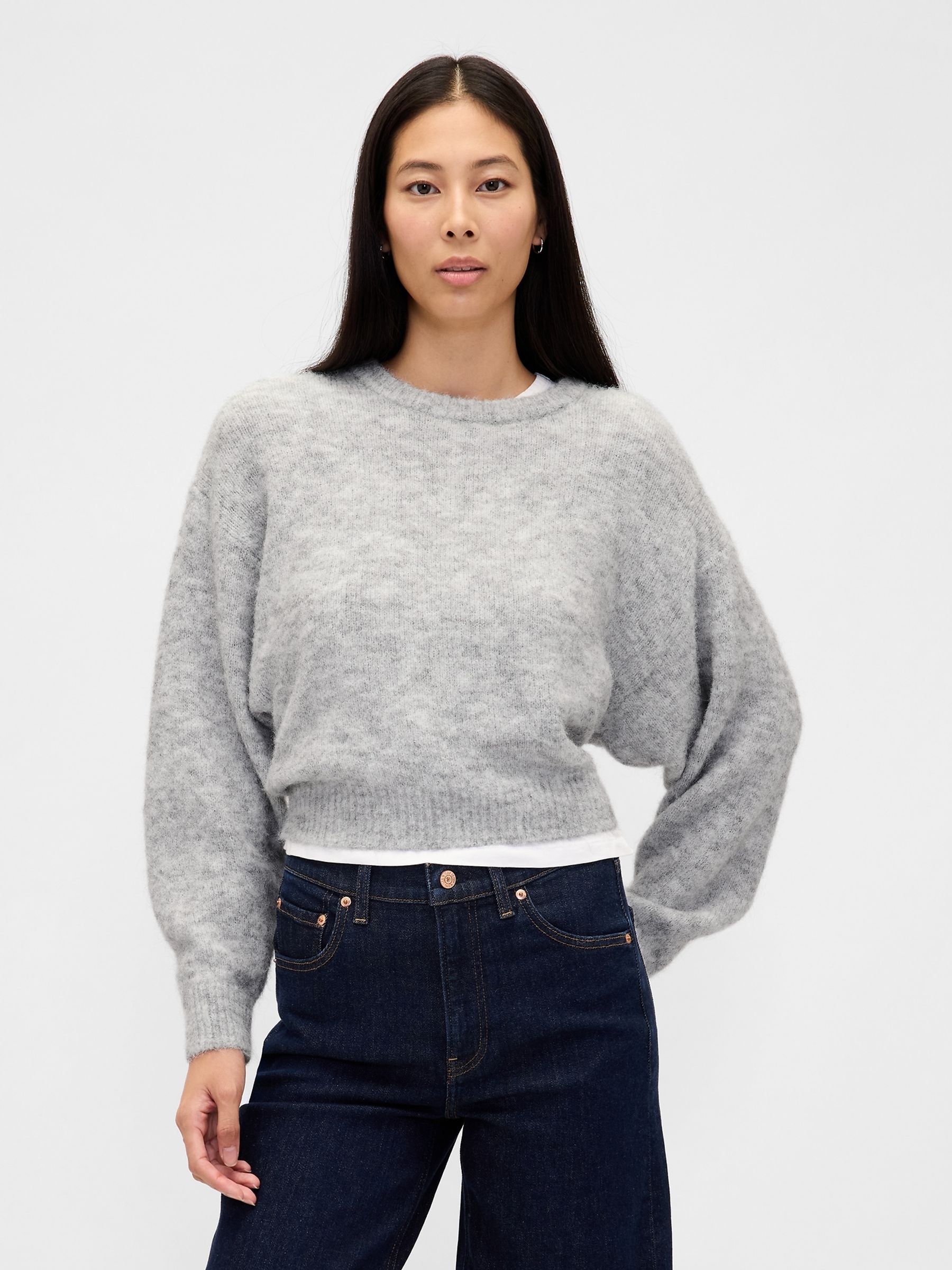 Grey Oversized Fuzzy Crew Neck Jumper - Image 1 of 4 Grey Oversized Fuzzy Crew Neck Jumper - Image 1 of 4