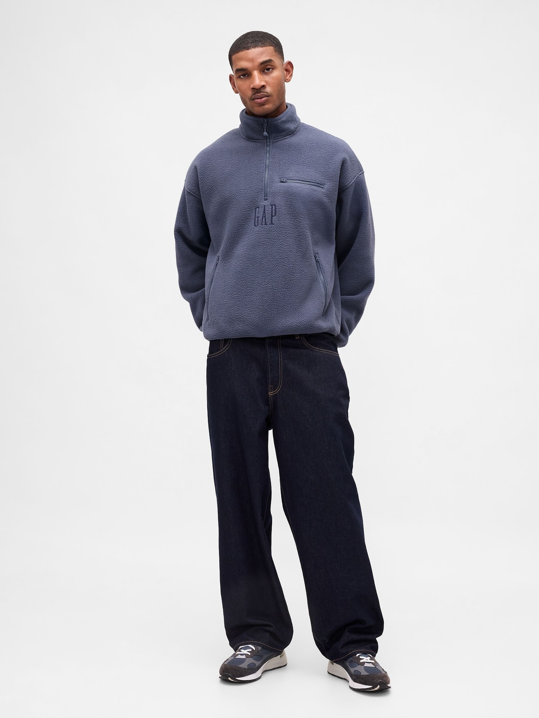 Blue Oversized Sherpa Half Zip Logo Pullover Sweatshirt - Image 3 of 4