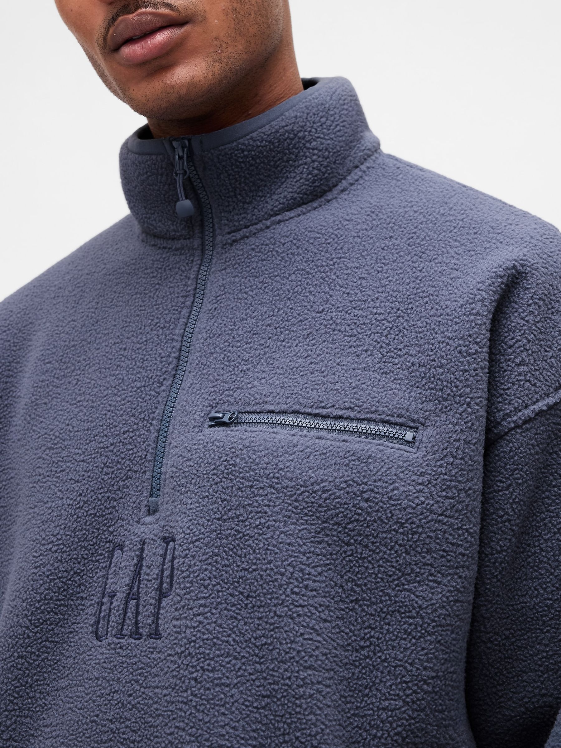 Blue Oversized Sherpa Half Zip Logo Pullover Sweatshirt - Image 4 of 4 Blue Oversized Sherpa Half Zip Logo Pullover Sweatshirt - Image 4 of 4