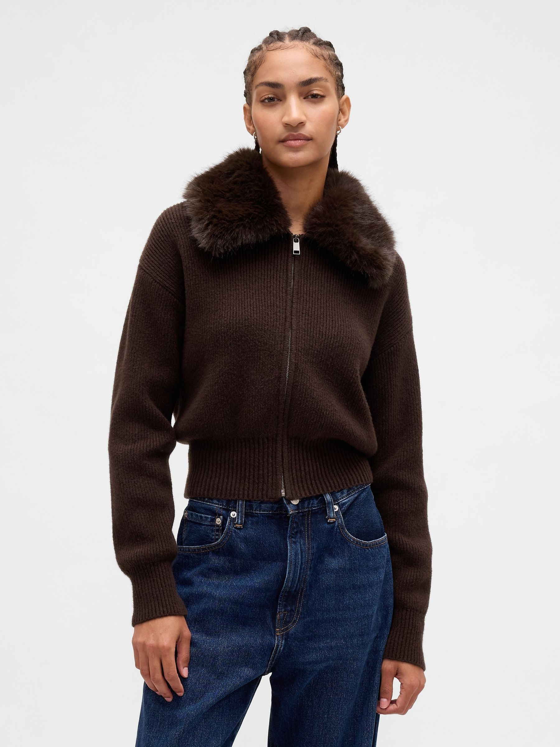 Brown CashSoft Faux-Fur Collar Zip Cardigan | Gap