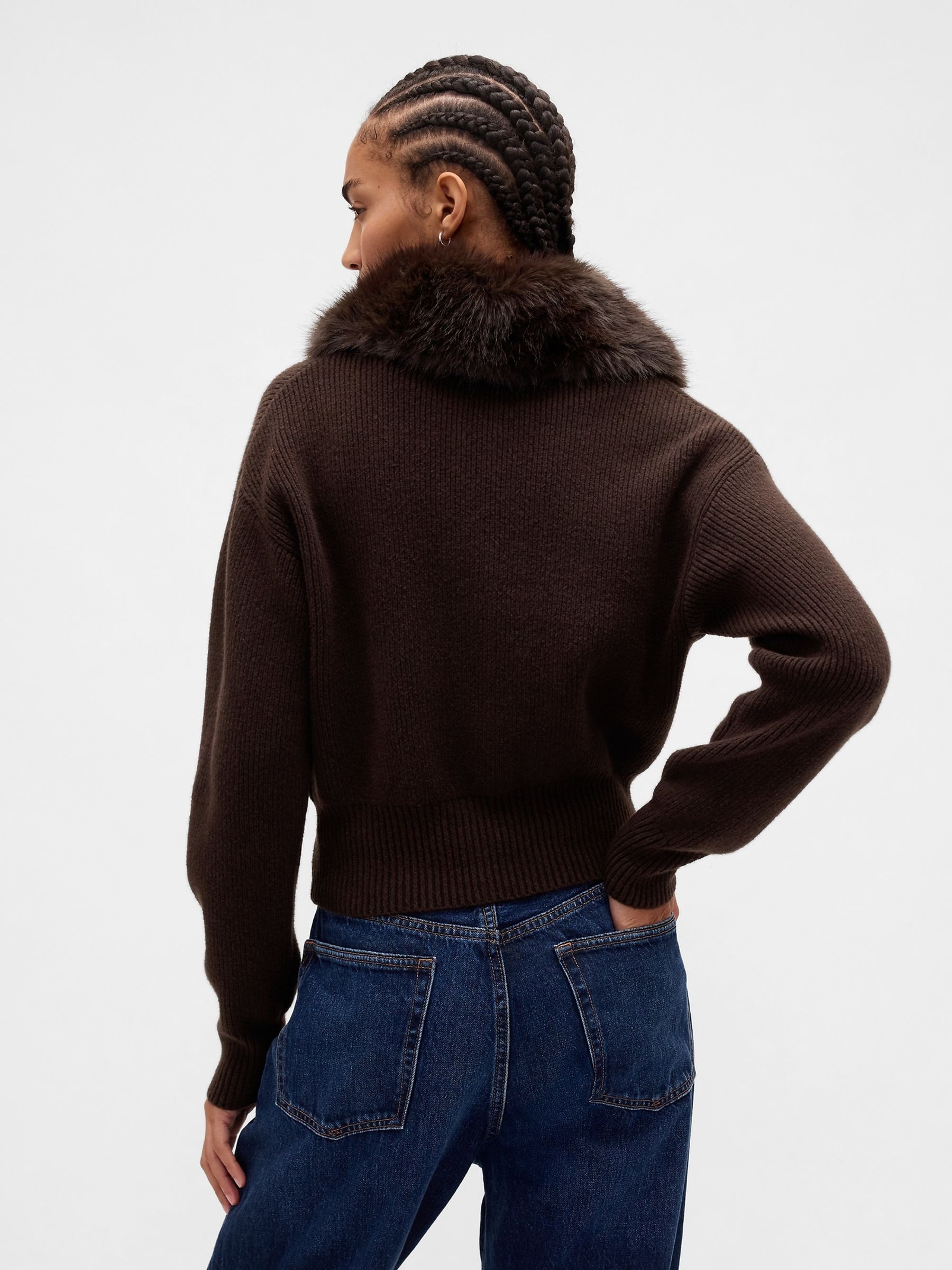 Brown CashSoft Faux-Fur Collar Zip Cardigan - Image 2 of 4 Brown CashSoft Faux-Fur Collar Zip Cardigan - Image 2 of 4