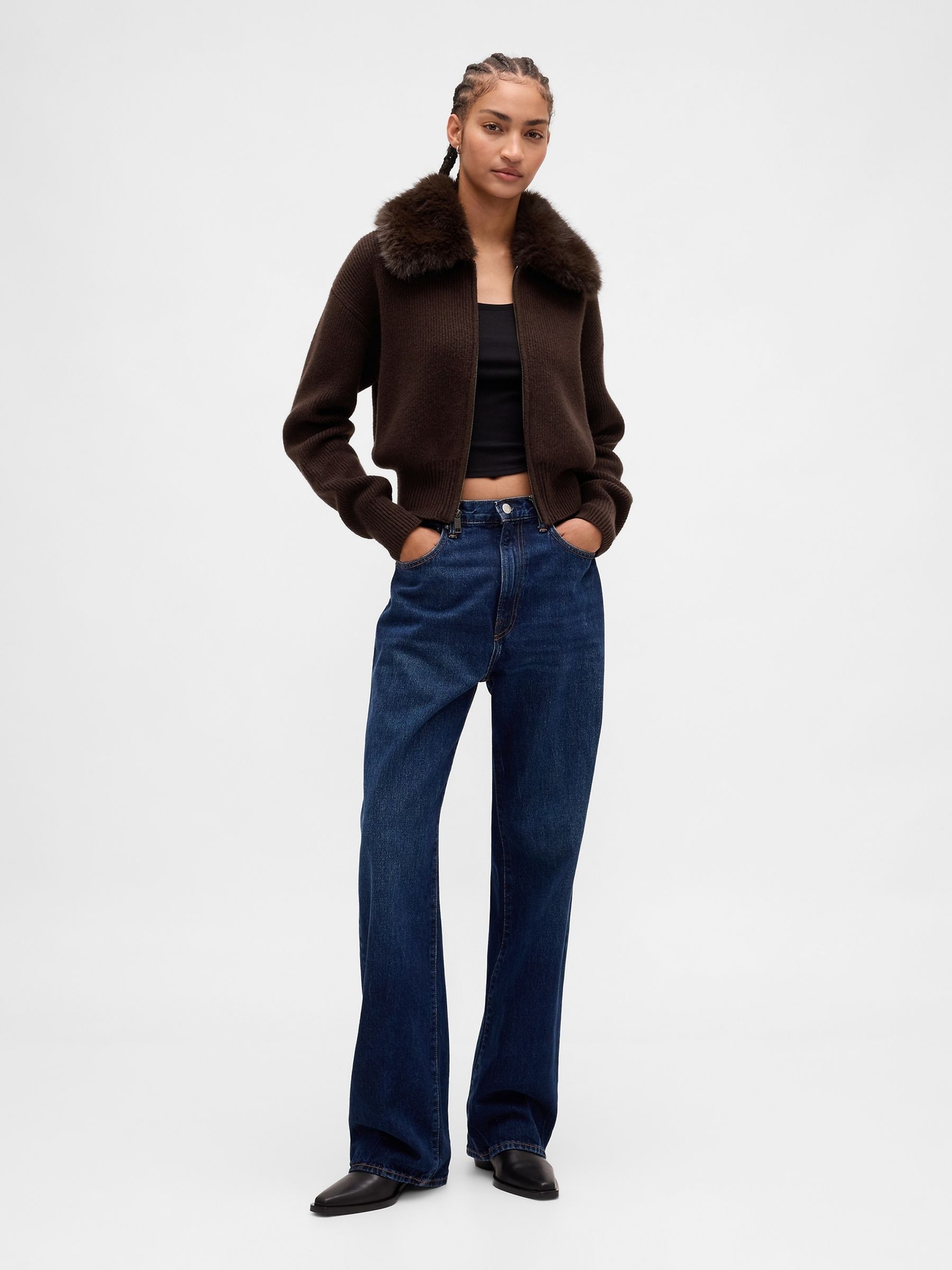 Brown CashSoft Faux-Fur Collar Zip Cardigan - Image 3 of 4