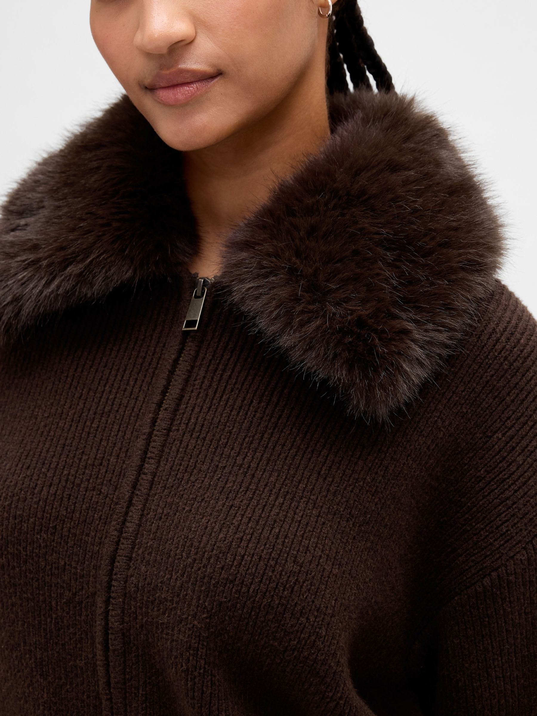 Brown CashSoft Faux-Fur Collar Zip Cardigan - Image 4 of 4 Brown CashSoft Faux-Fur Collar Zip Cardigan - Image 4 of 4