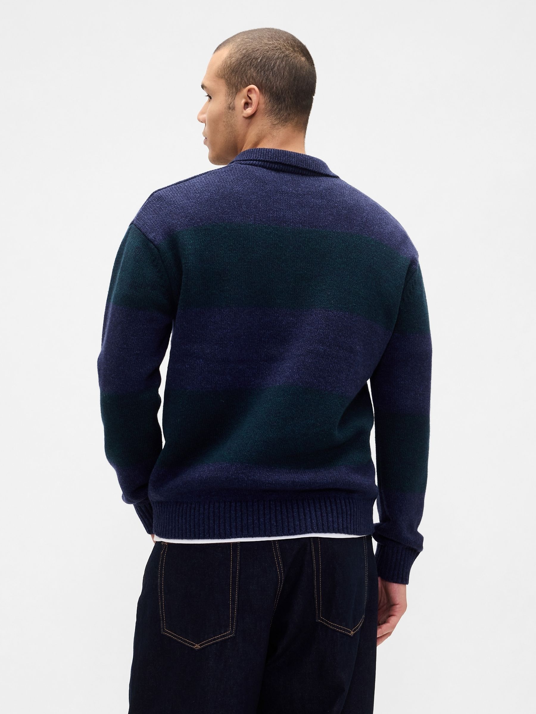 Green Rugby Stripe Relaxed Polo Sweatshirt - Image 2 of 4 Green Rugby Stripe Relaxed Polo Sweatshirt - Image 2 of 4