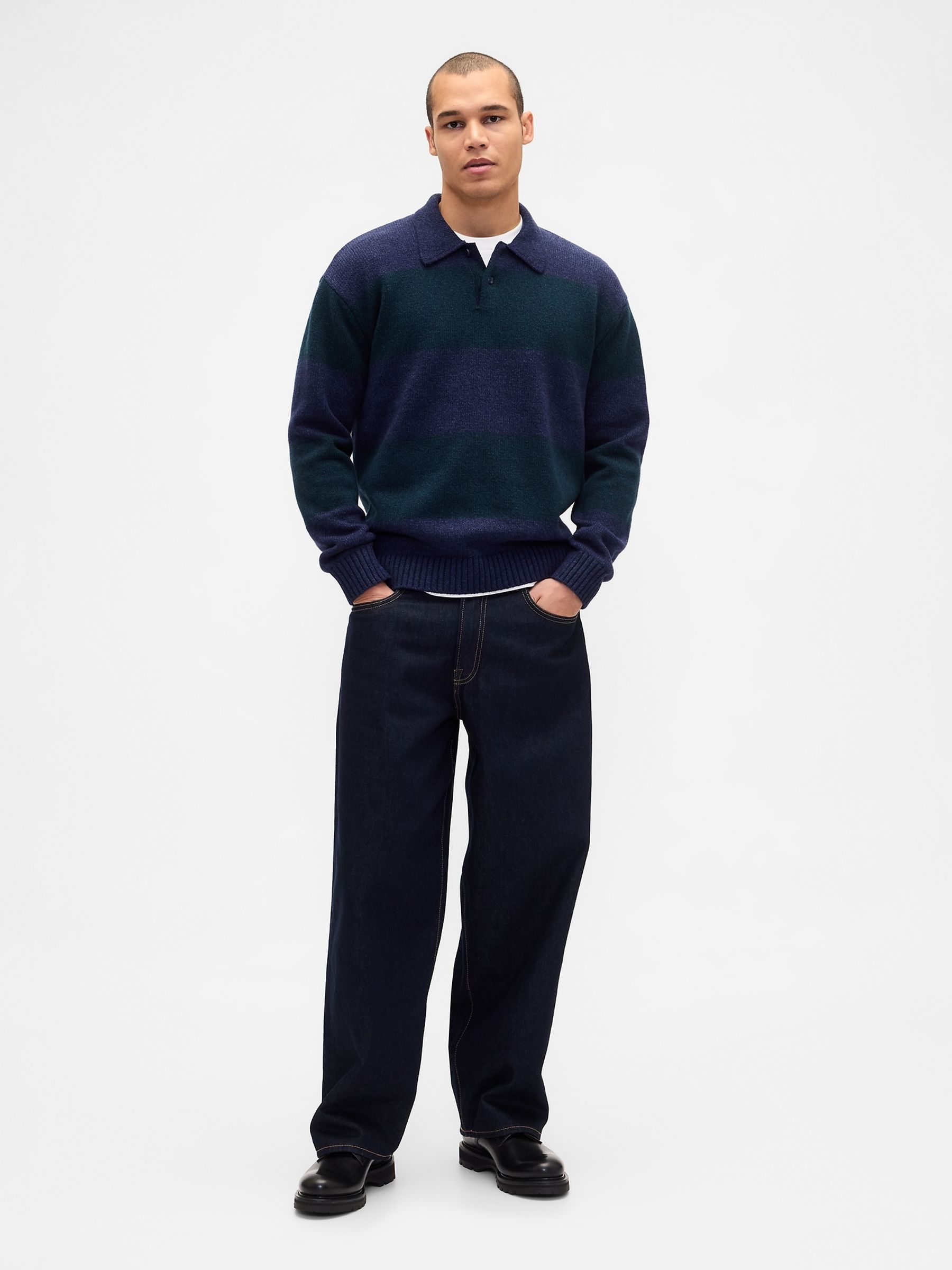 Green Rugby Stripe Relaxed Polo Sweatshirt - Image 3 of 4