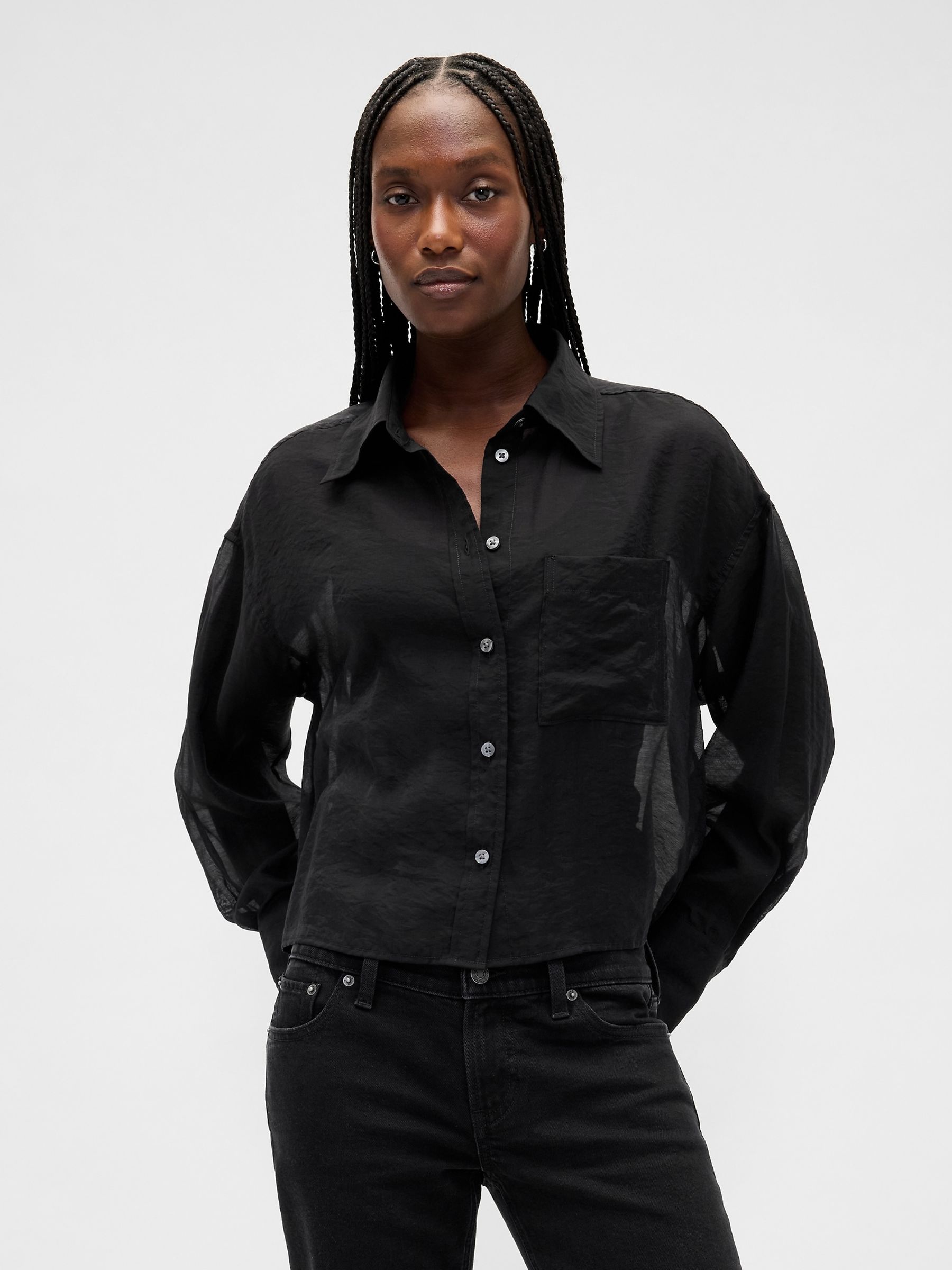 Black Sheer Oversized Straight-Hem Crop Shirt - Image 1 of 3 Black Sheer Oversized Straight-Hem Crop Shirt - Image 1 of 3