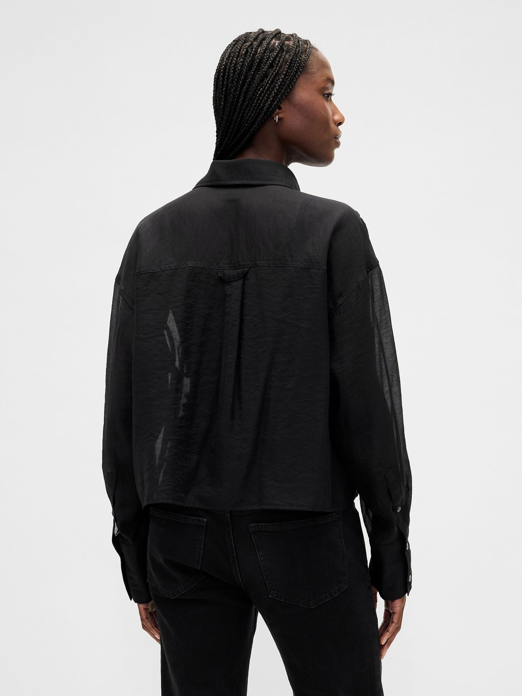 Black Sheer Oversized Straight-Hem Crop Shirt - Image 2 of 3 Black Sheer Oversized Straight-Hem Crop Shirt - Image 2 of 3