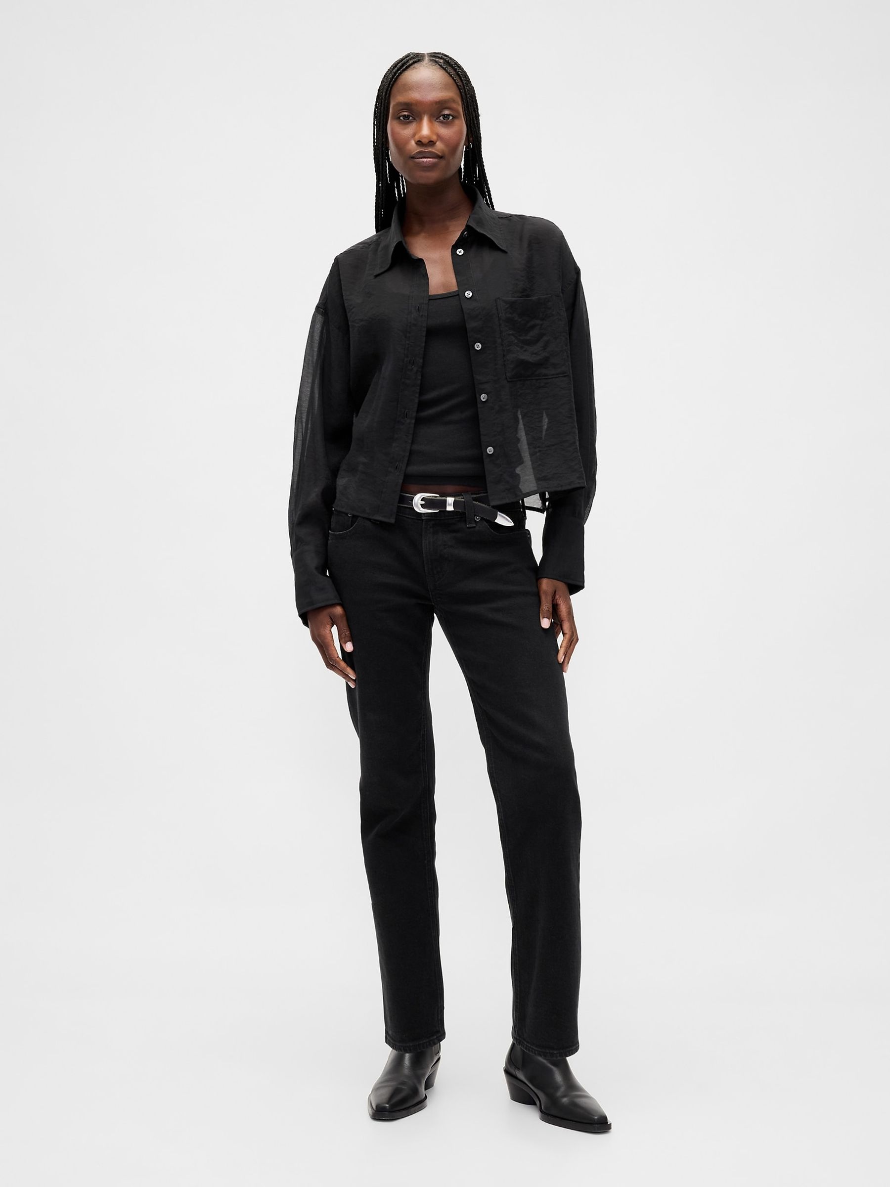 Black Sheer Oversized Straight-Hem Crop Shirt - Image 3 of 3