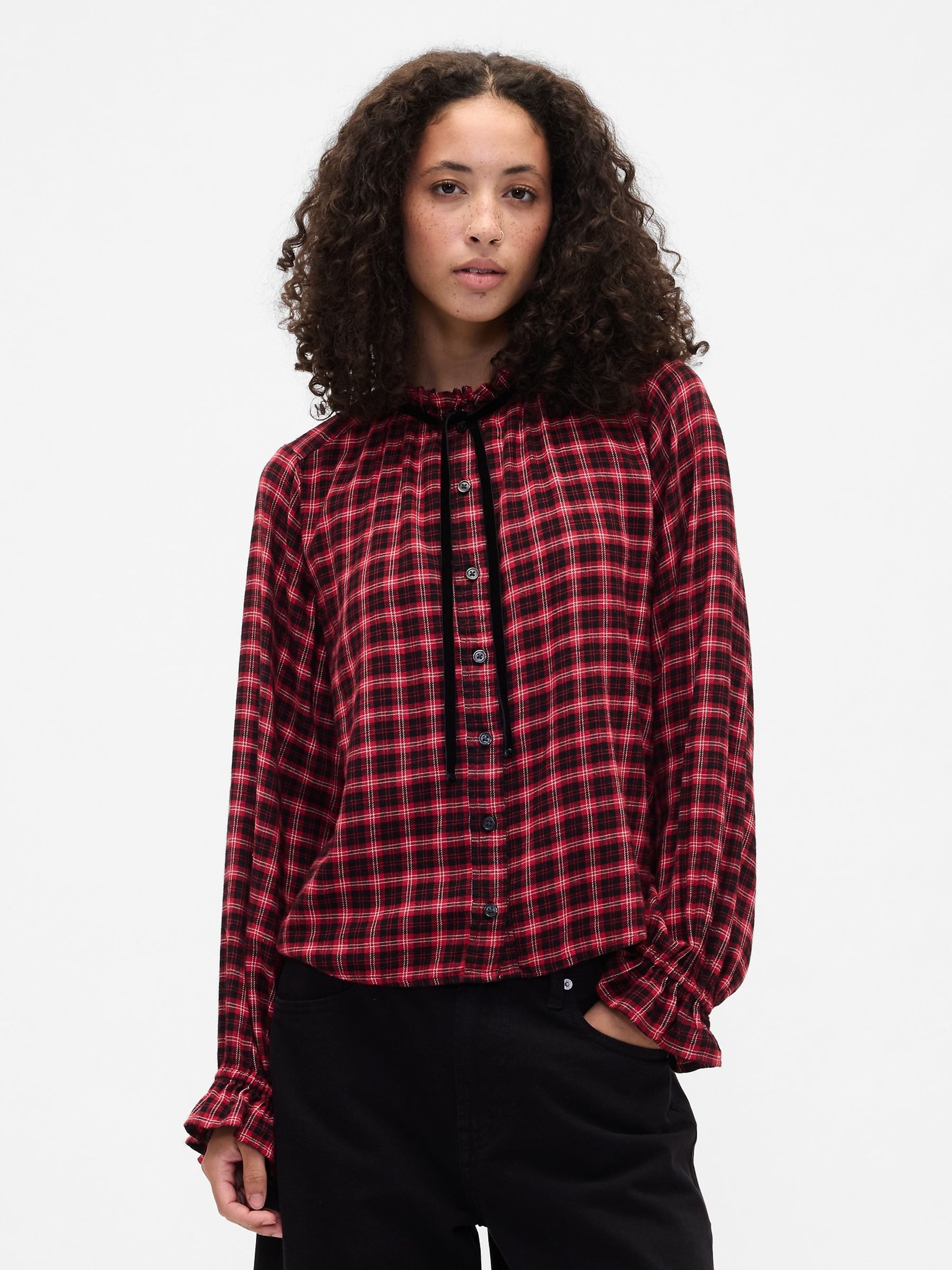 Red Check Relaxed Ruffle Top - Image 1 of 5