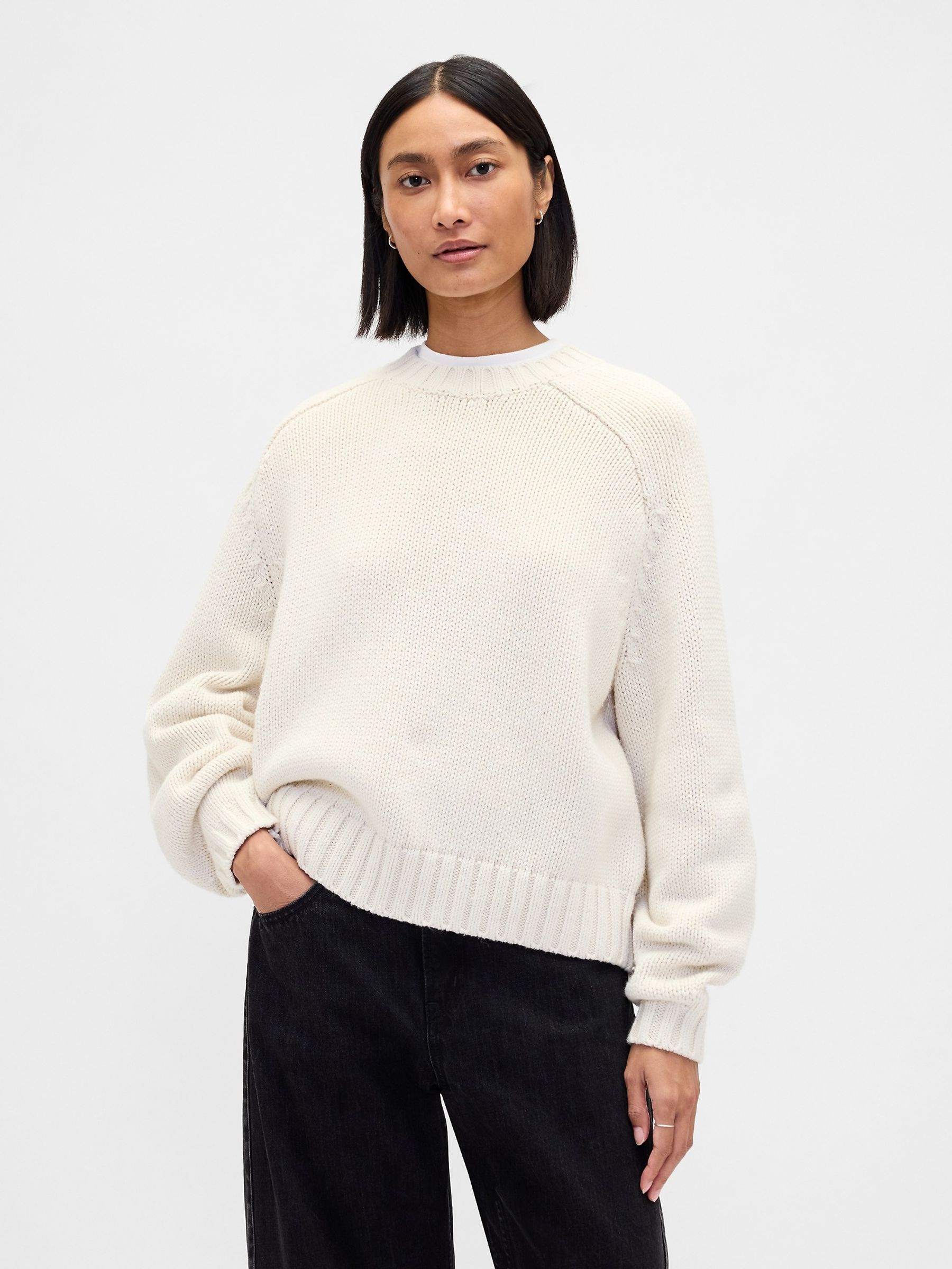Cream Relaxed Saddle-Sleeve Crew Neck Jumper - Image 1 of 4