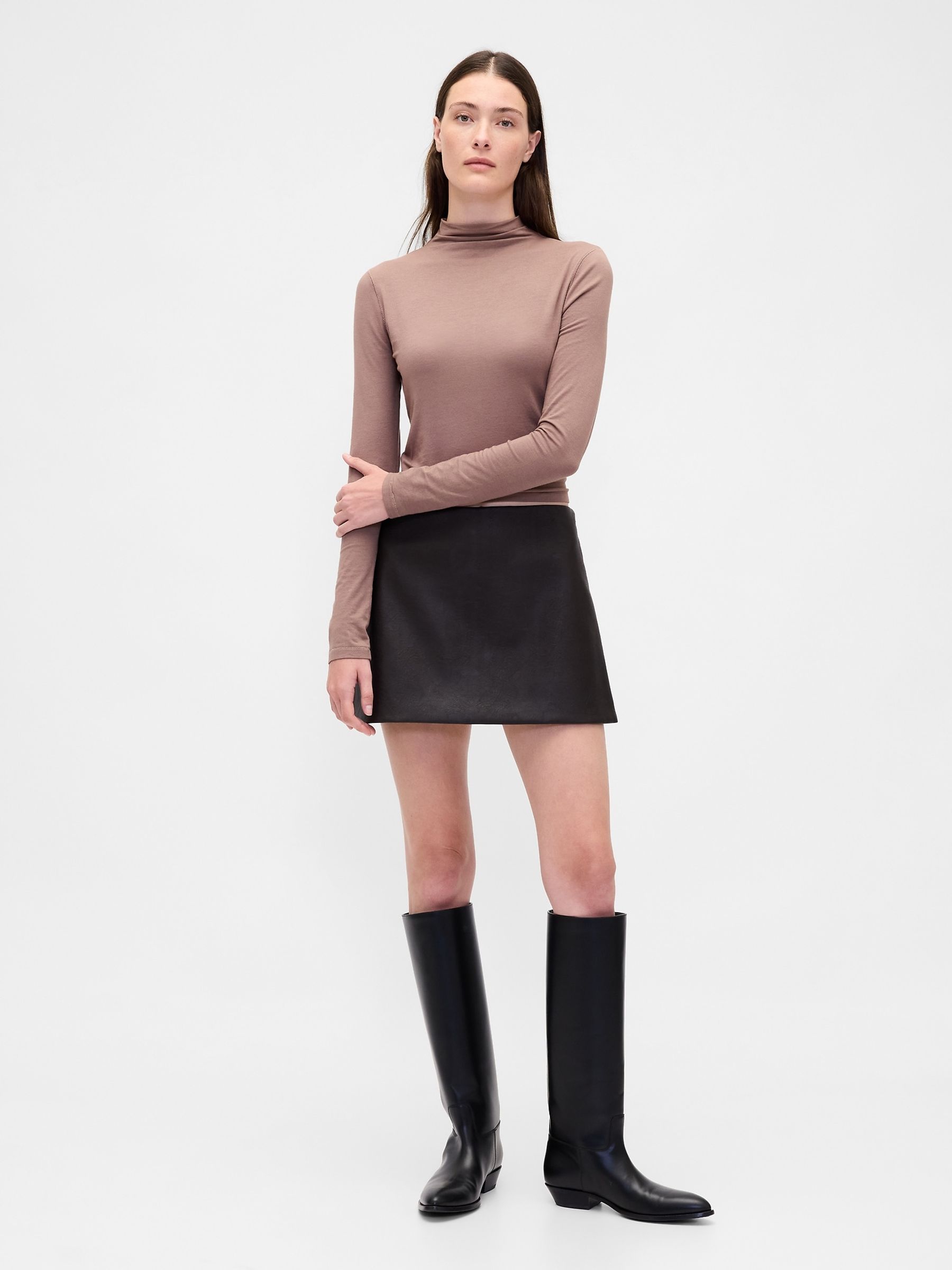 Brown Vegan Leather Mini Skort - Image 1 of 4