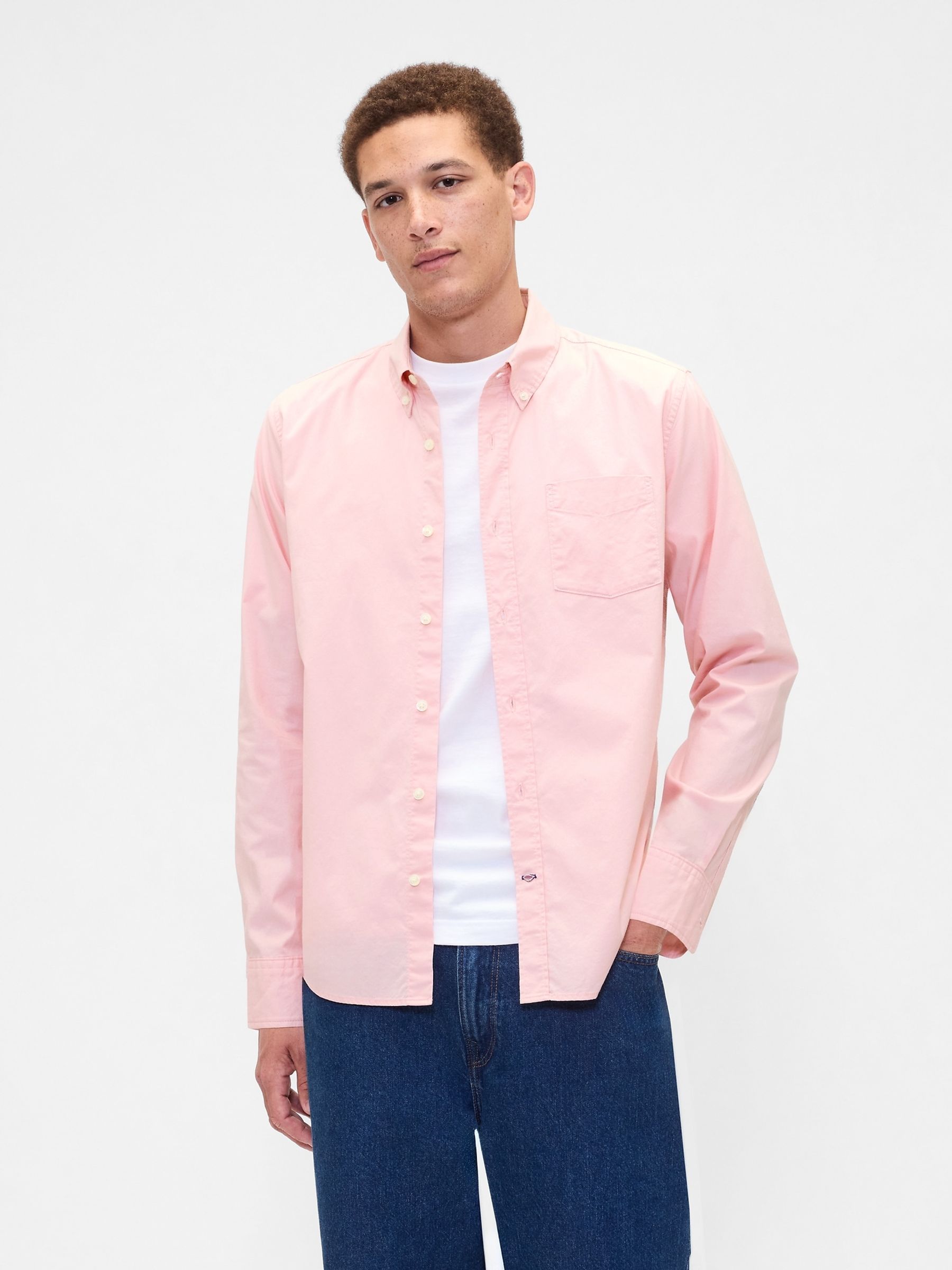 Pink Stretch Poplin Shirt in Standard Fit - Image 1 of 5 Pink Stretch Poplin Shirt in Standard Fit - Image 1 of 5
