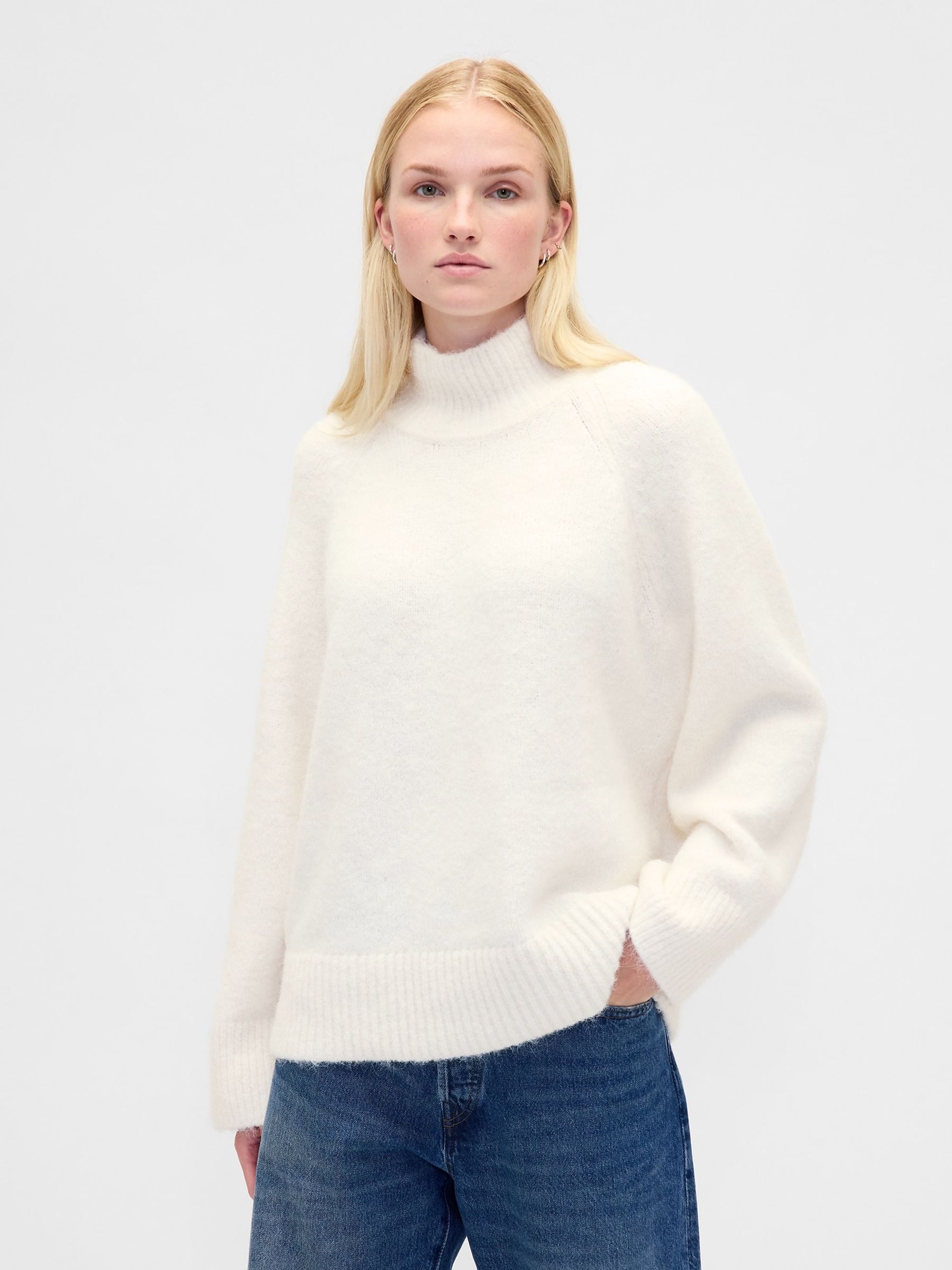 Cream Oversized Fuzzy Turtle Neck Jumper - Image 1 of 4