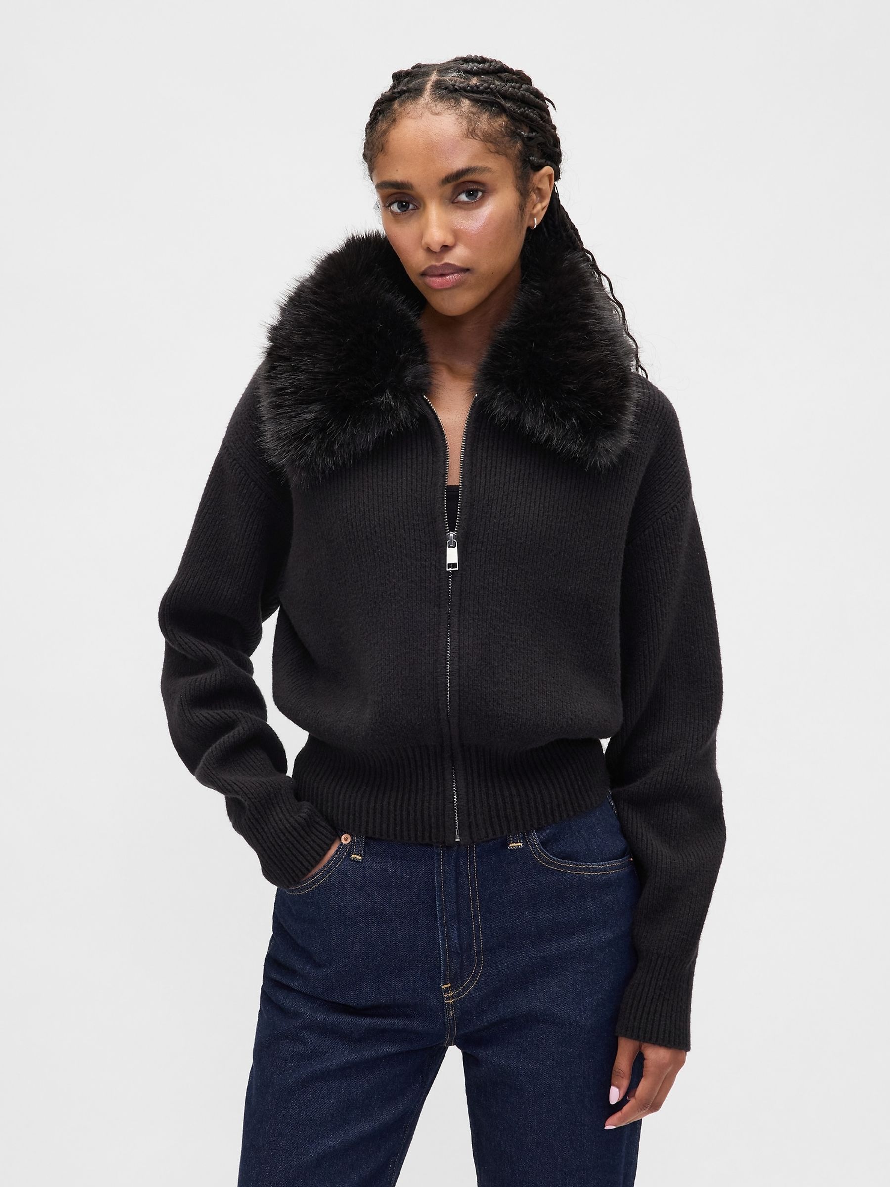 Black CashSoft Faux-Fur Collar Zip Cardigan - Image 1 of 4 Black CashSoft Faux-Fur Collar Zip Cardigan - Image 1 of 4