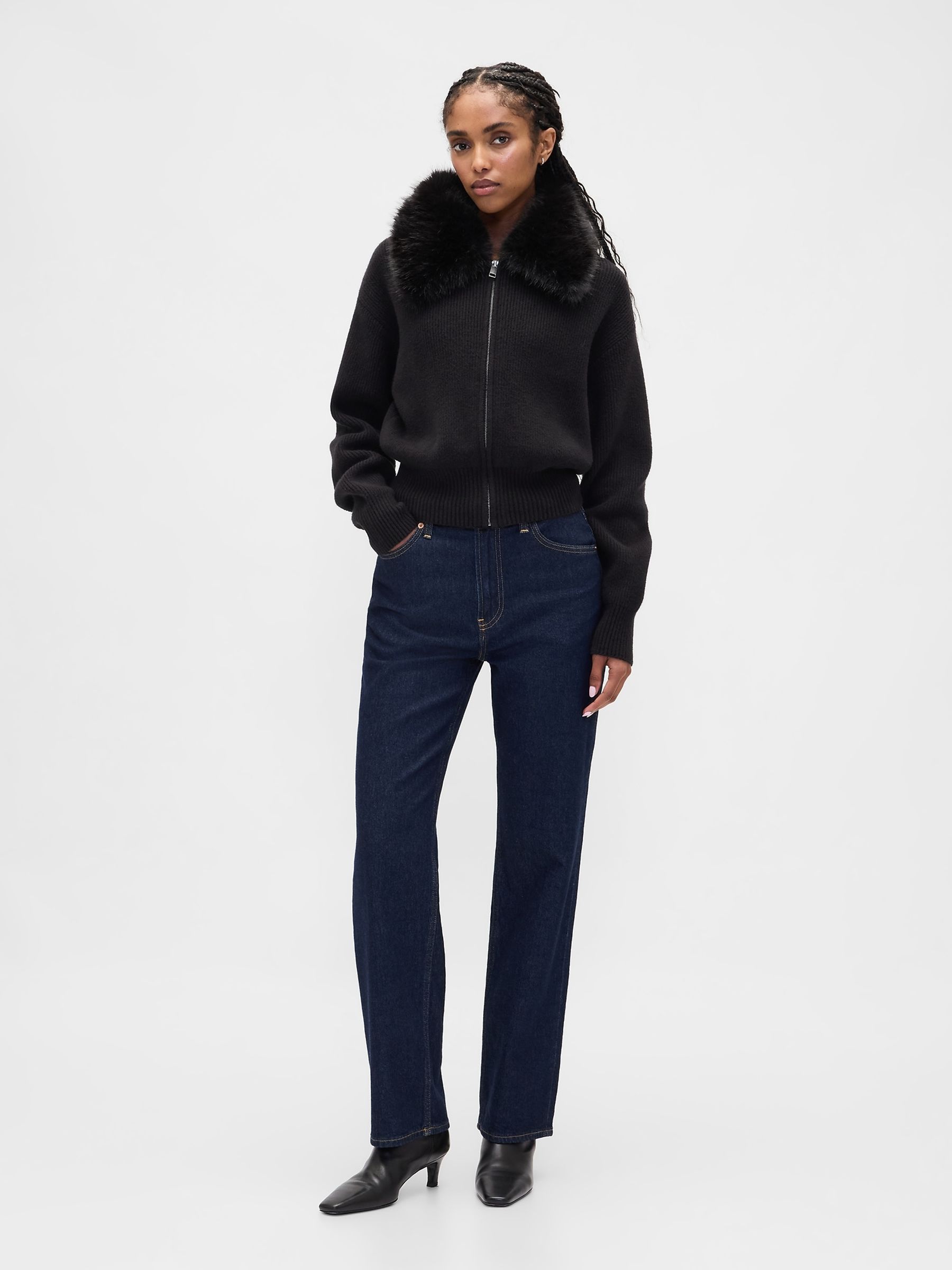 Black CashSoft Faux-Fur Collar Zip Cardigan - Image 3 of 4