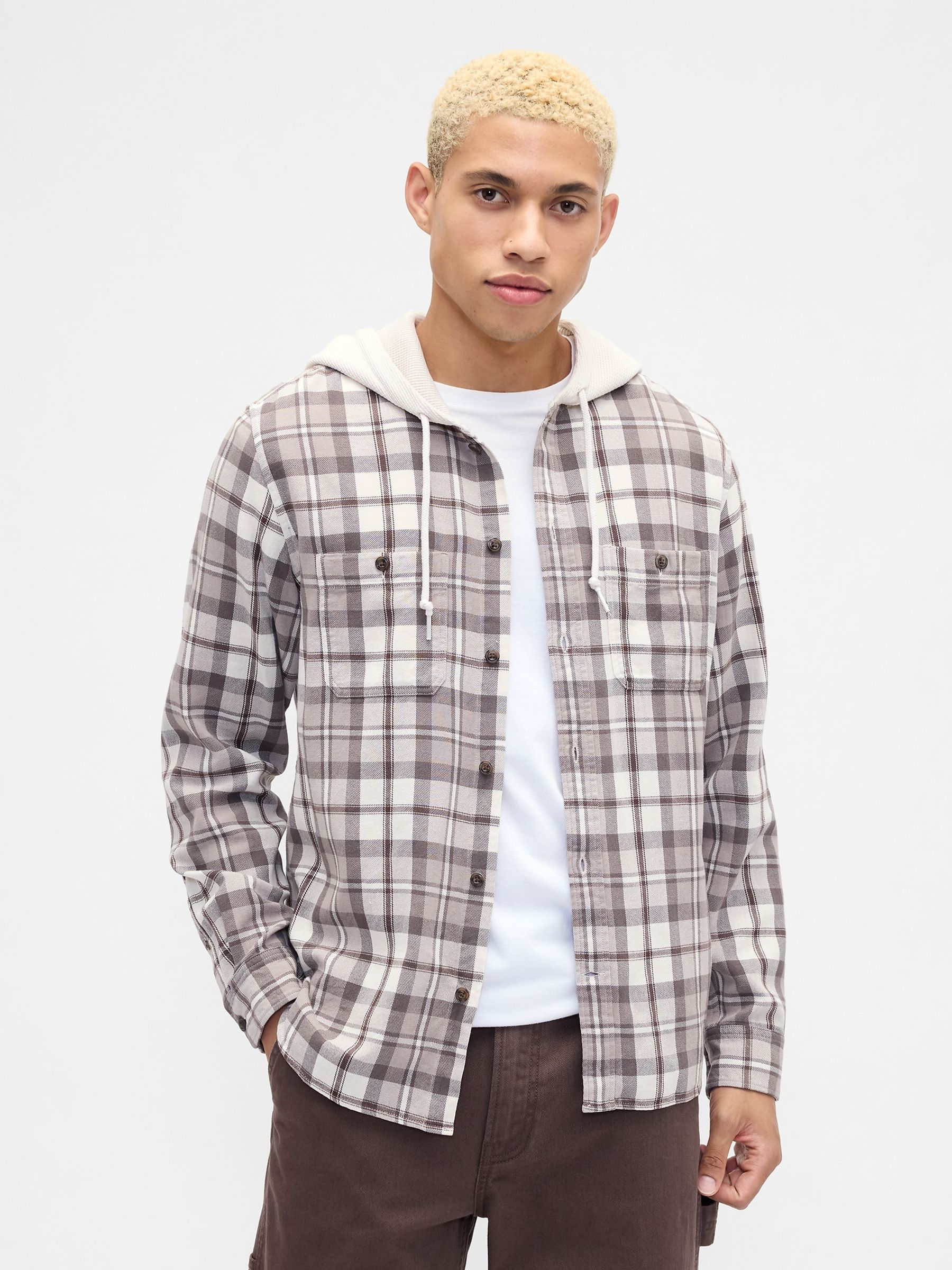 Grey Check Hooded Flannel Shirt in Standard Fit - Image 1 of 3