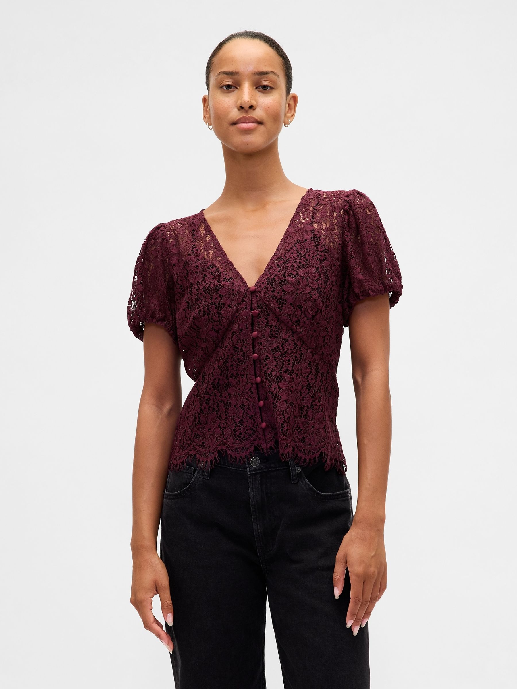 Red Lace V-Neck Top - Image 1 of 4 Red Lace V-Neck Top - Image 1 of 4
