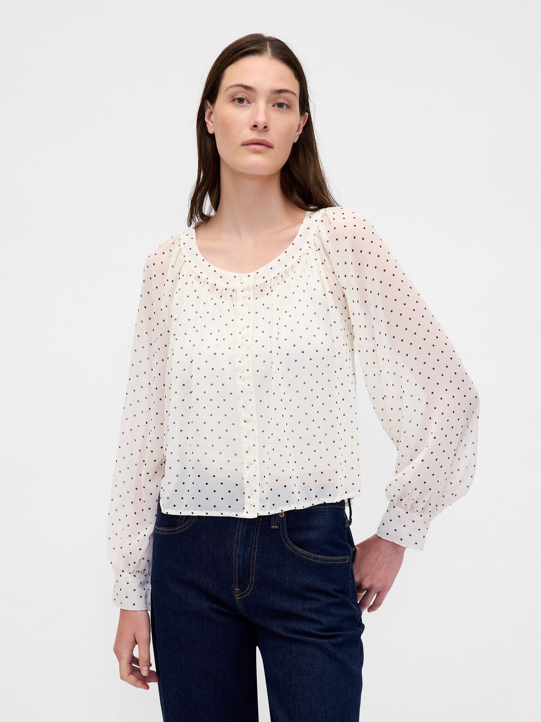 White Sheer Button Front Top - Image 1 of 4 White Sheer Button Front Top - Image 1 of 4