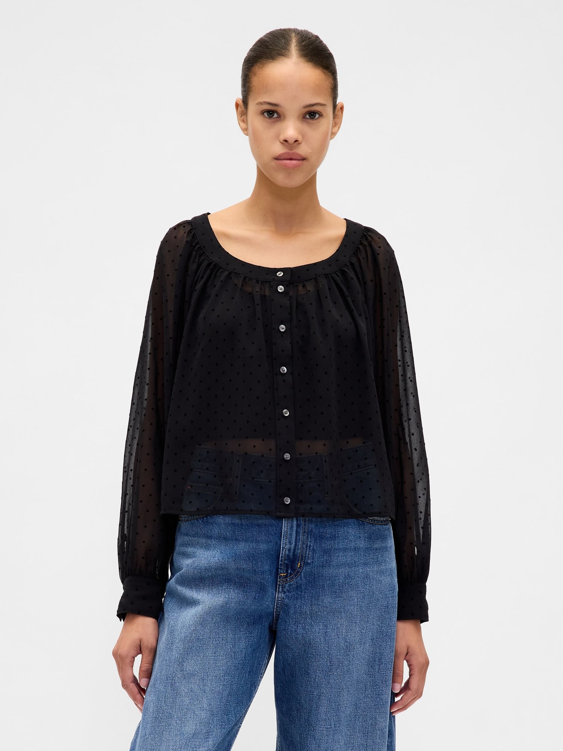 Black Sheer Button Front Top - Image 1 of 4 Black Sheer Button Front Top - Image 1 of 4