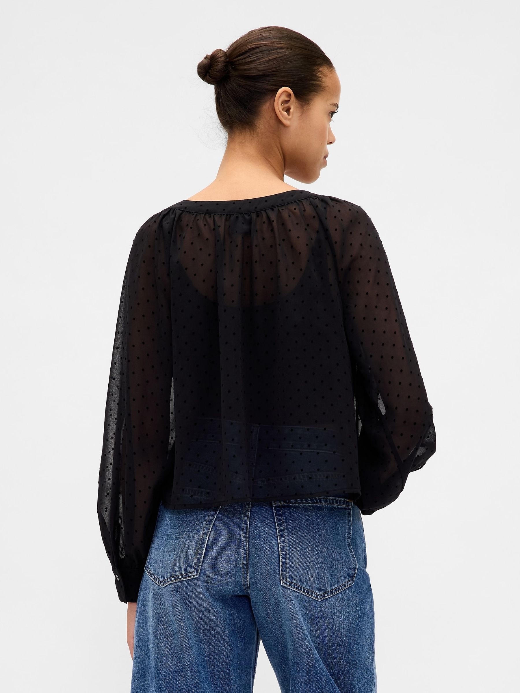 Black Sheer Button Front Top - Image 2 of 4 Black Sheer Button Front Top - Image 2 of 4