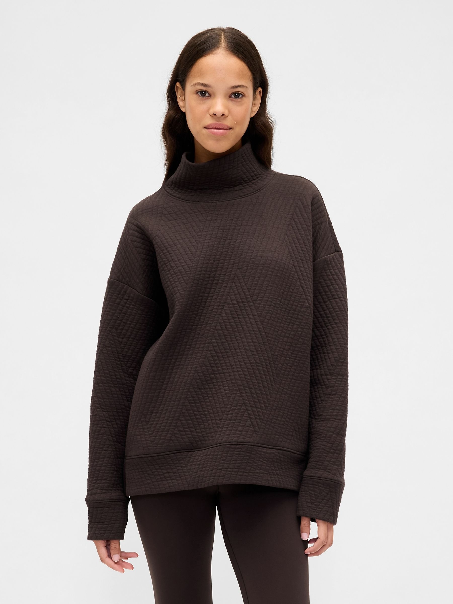 Brown Quilted Jacquard Knit Funnel-Neck Pullover Jumper - Image 1 of 3 Brown Quilted Jacquard Knit Funnel-Neck Pullover Jumper - Image 1 of 3