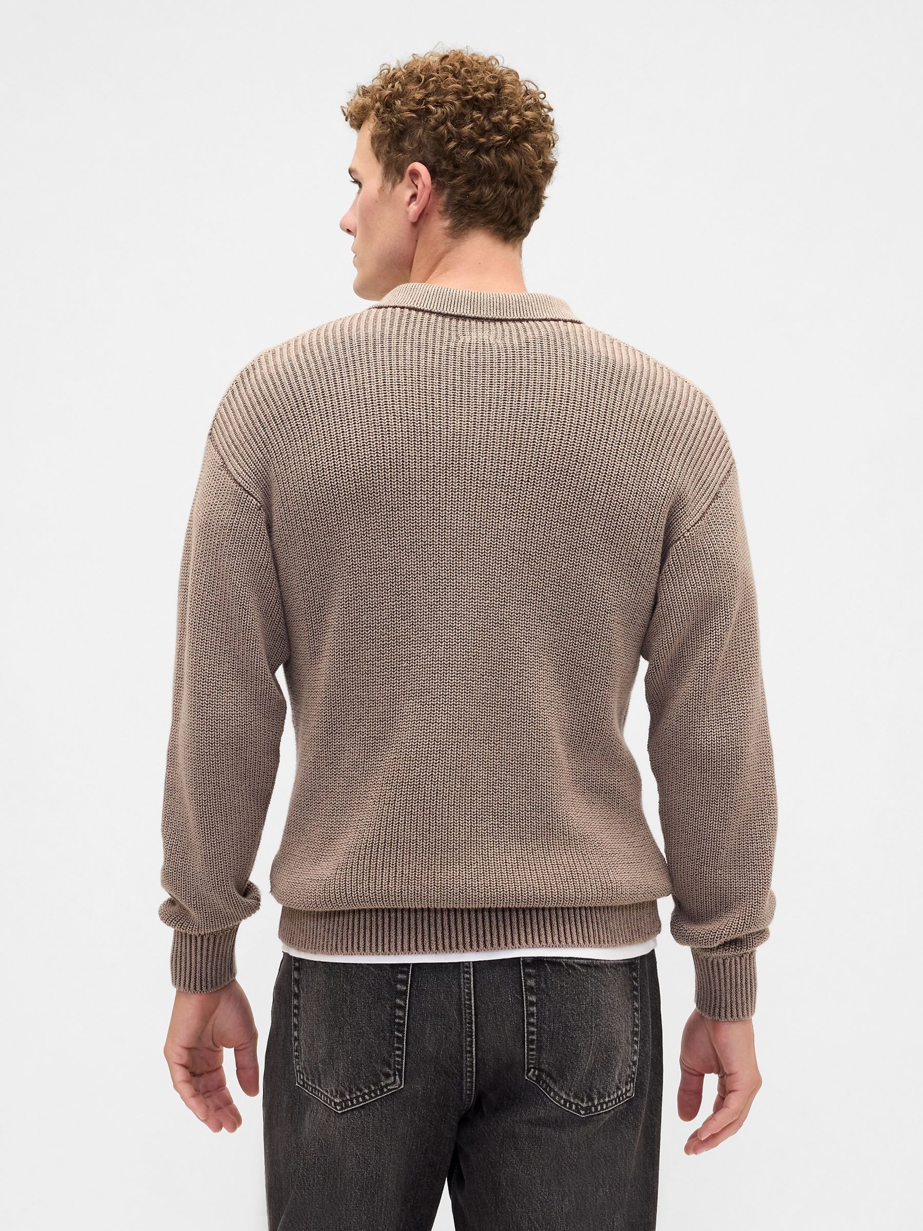 Brown Relaxed Ribbed Jumper Polo Shirt - Image 2 of 5 Brown Relaxed Ribbed Jumper Polo Shirt - Image 2 of 5