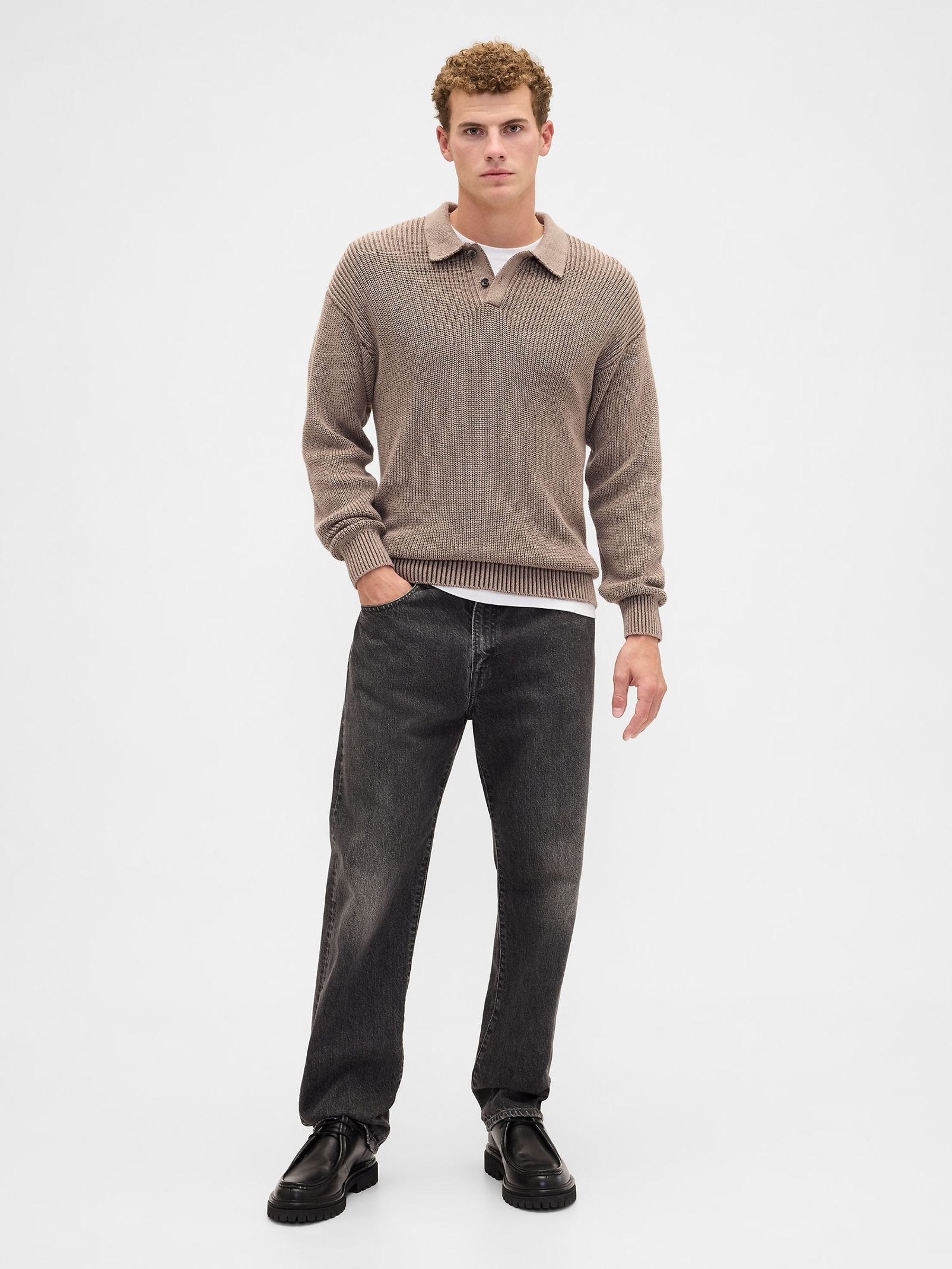 Brown Relaxed Ribbed Jumper Polo Shirt - Image 3 of 5