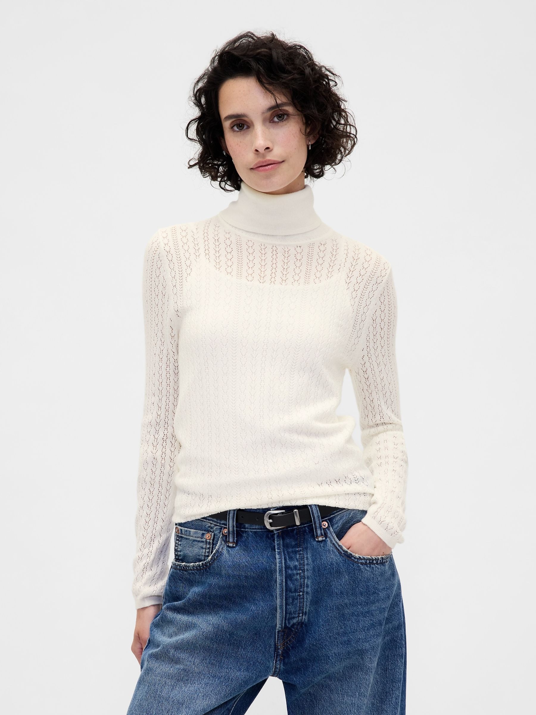 White Pointelle Turtle Neck Jumper - Image 1 of 4 White Pointelle Turtle Neck Jumper - Image 1 of 4