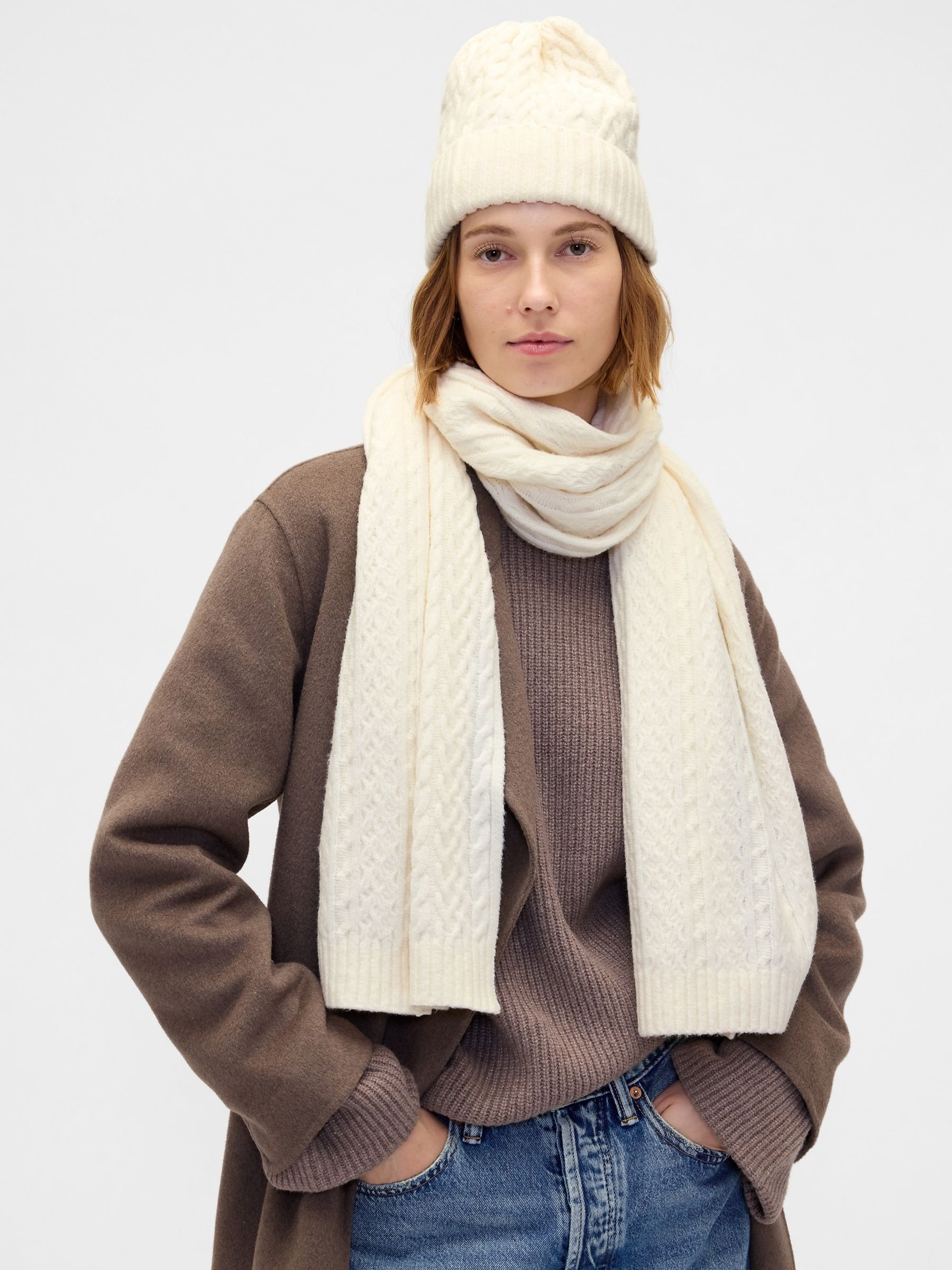 White CashSoft Cable-Knit Scarf - Image 1 of 2