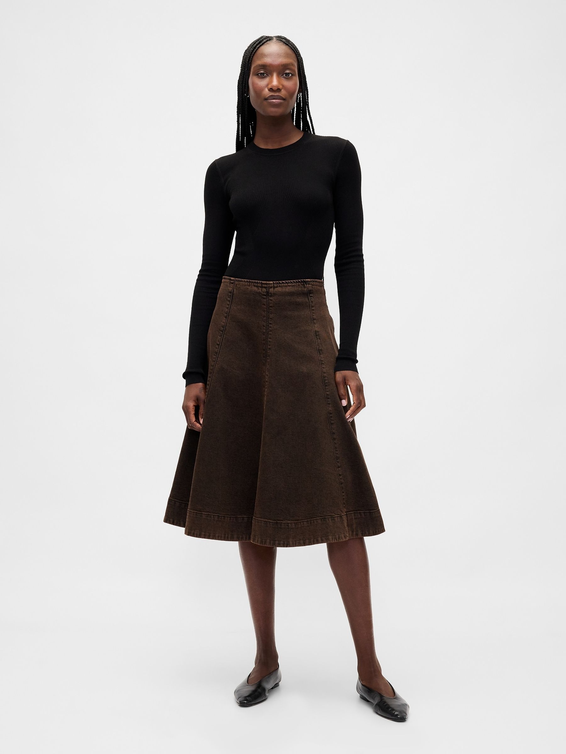 Brown Denim Tulip Midi Skirt - Image 1 of 4