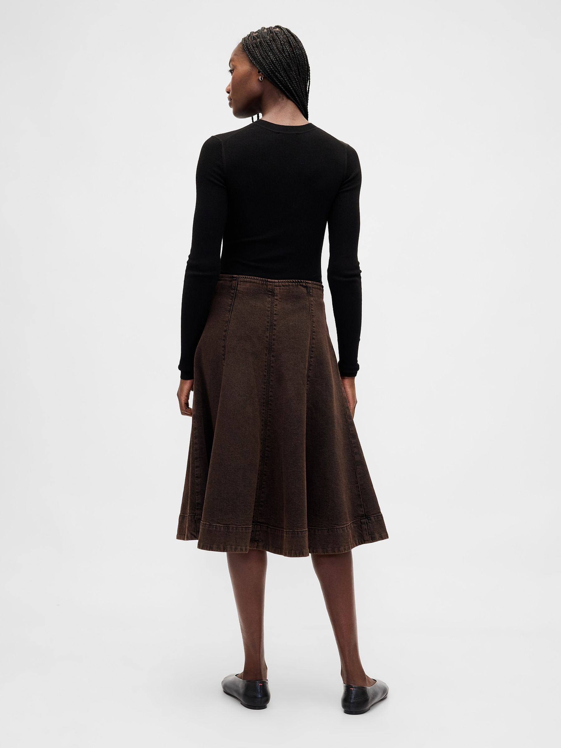 Brown Denim Tulip Midi Skirt - Image 2 of 4 Brown Denim Tulip Midi Skirt - Image 2 of 4
