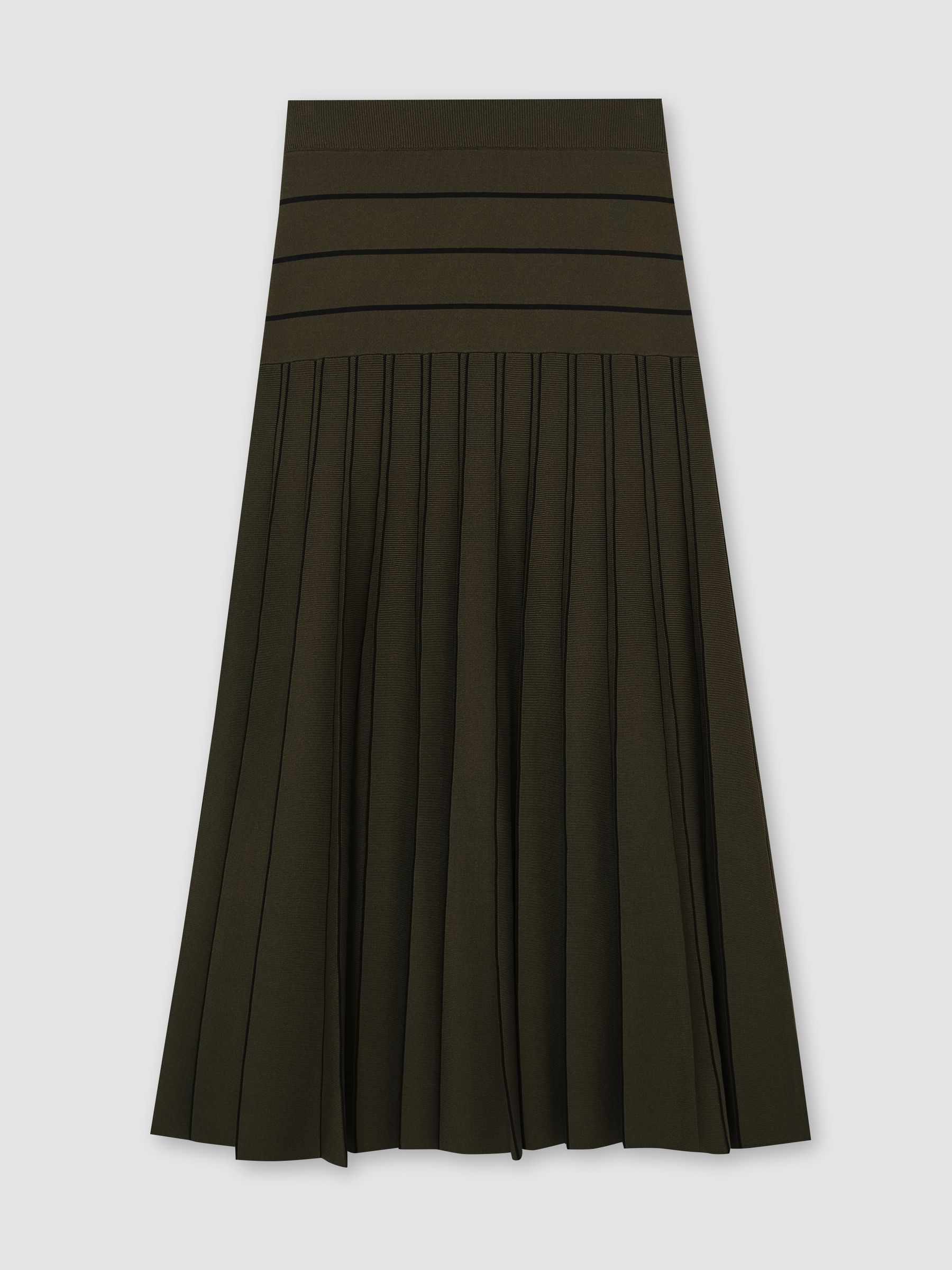 Knitted Stripe Pleated Midi Skirt in Khaki Green/Black - Image 2 of 7