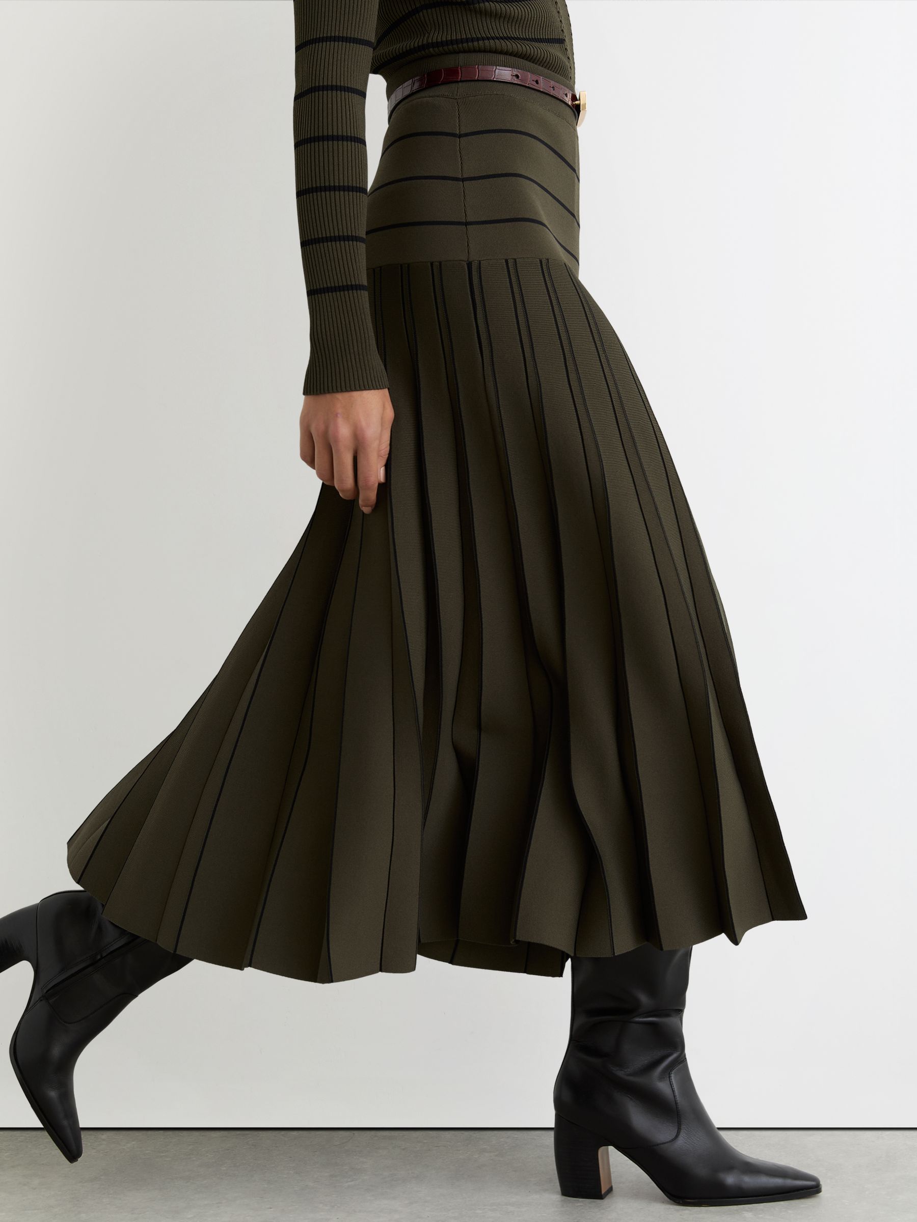 Knitted Stripe Pleated Midi Skirt in Khaki Green/Black - Image 3 of 7