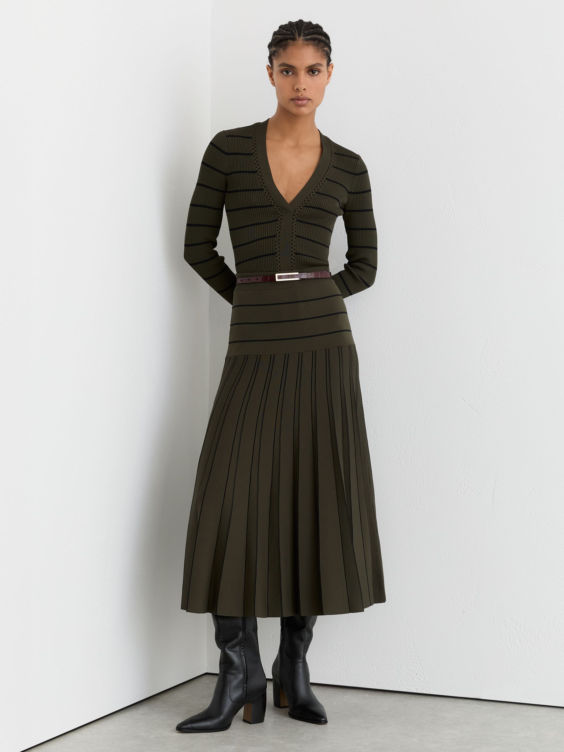 Knitted Stripe Pleated Midi Skirt in Khaki Green/Black - Image 4 of 7
