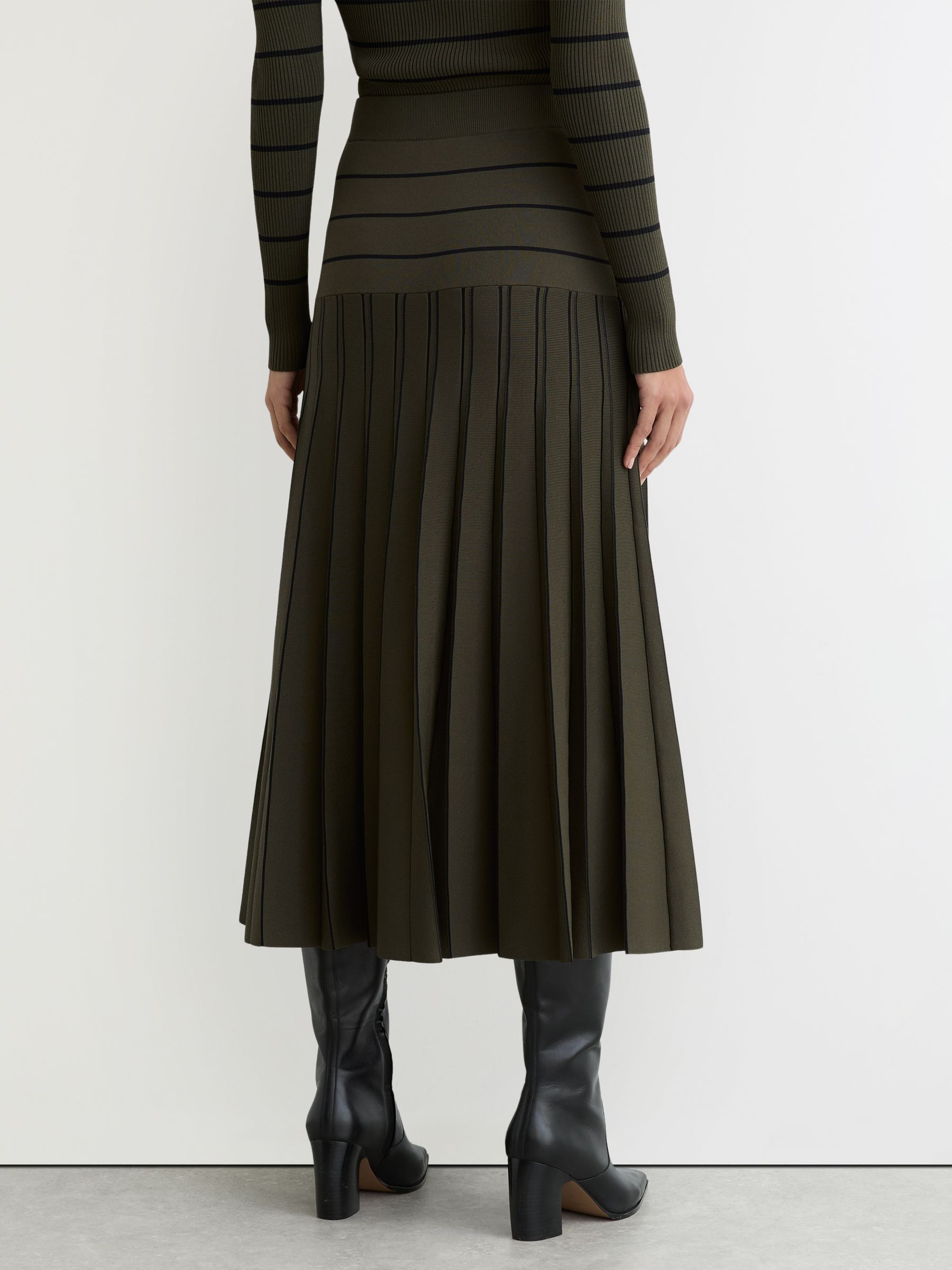Knitted Stripe Pleated Midi Skirt in Khaki Green/Black - Image 6 of 7