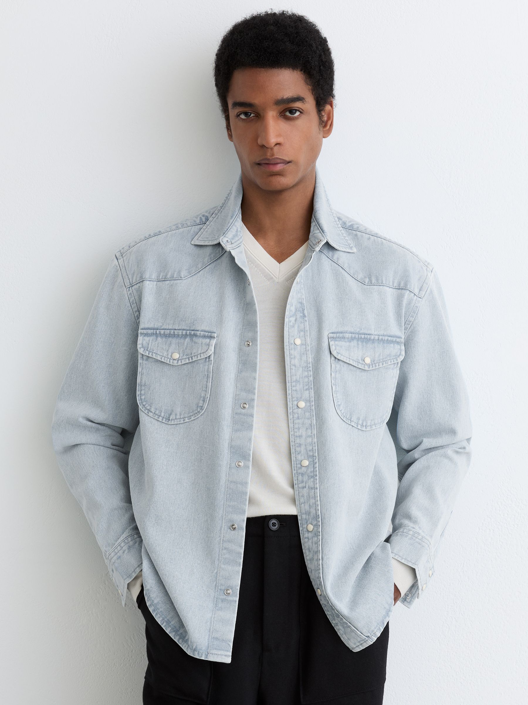 Washed Denim Western Overshirt in Light Acid Blue Wash - Image 1 of 6
